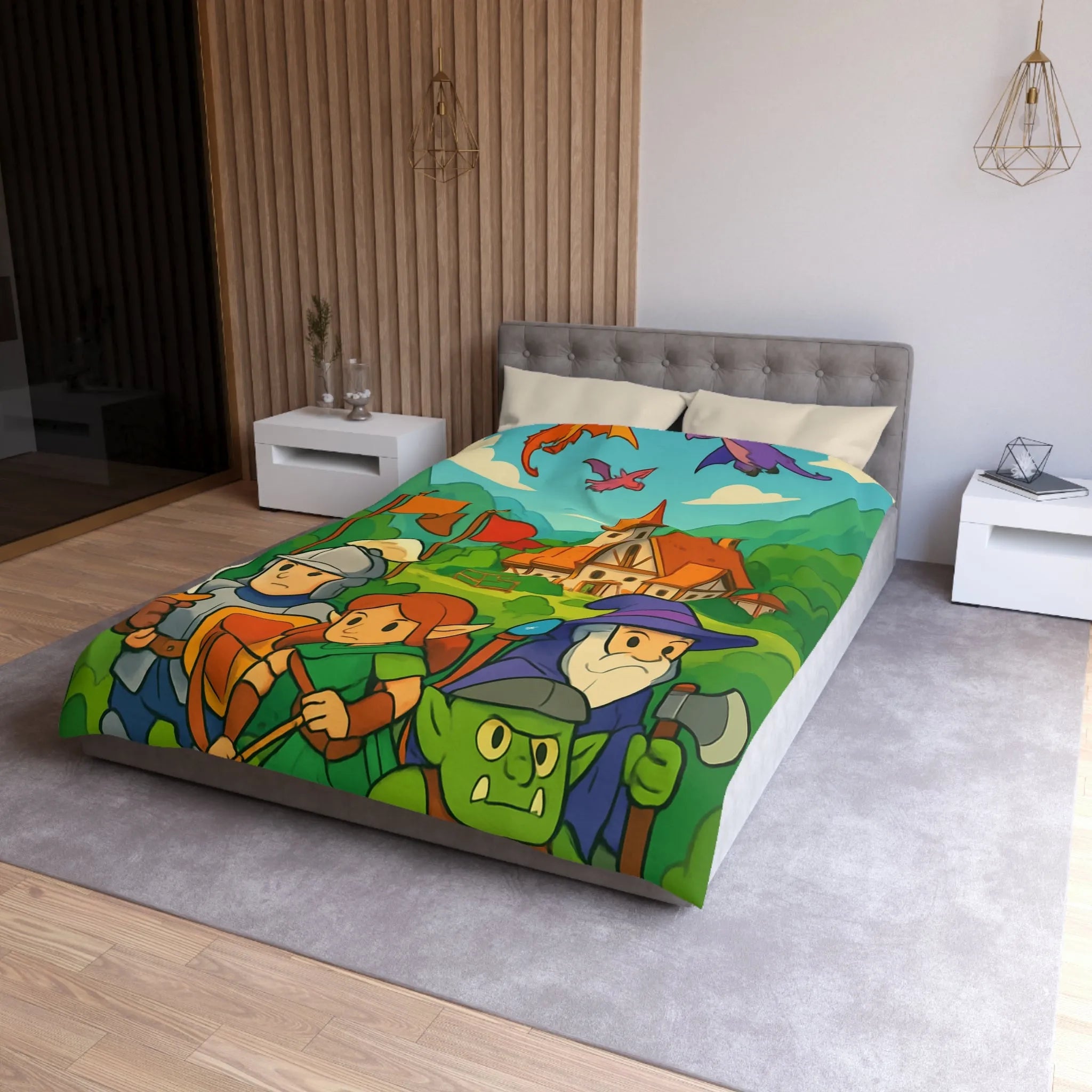 Housse de couette aventure médiévale avec dragons, chevalier, elfe, sorcier et troll