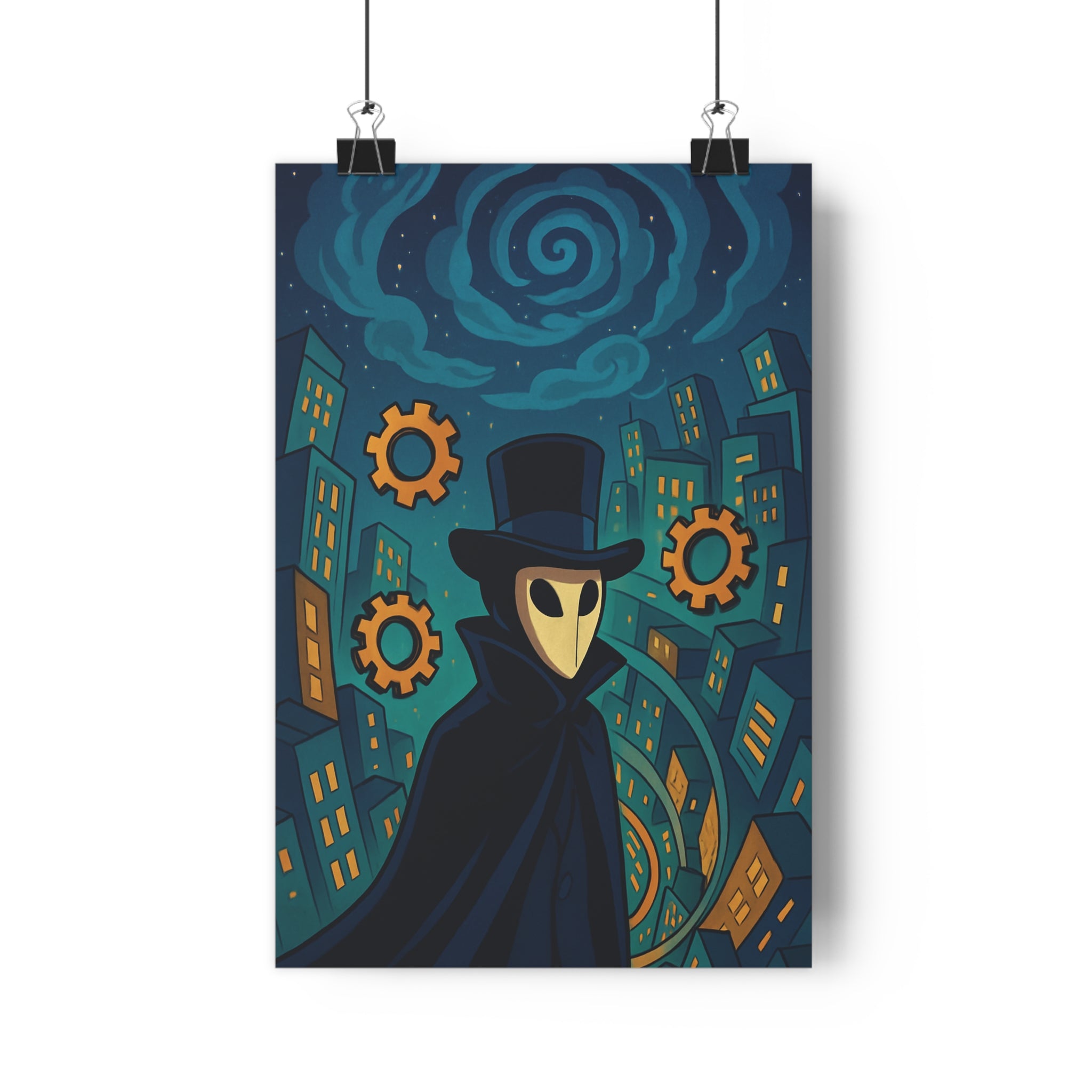 Poster décoratif mystérieux surréaliste bleu orange urbain chapeau masque salon chambre moderne mural qualité