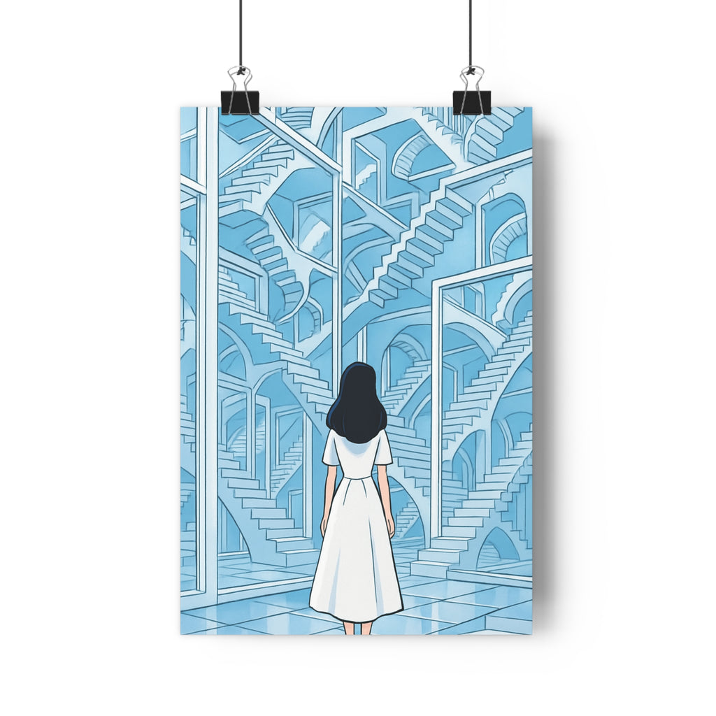 Poster décoratif dessin animé bleu blanc salon architectes illusion mystère rêve captivant femme élégance