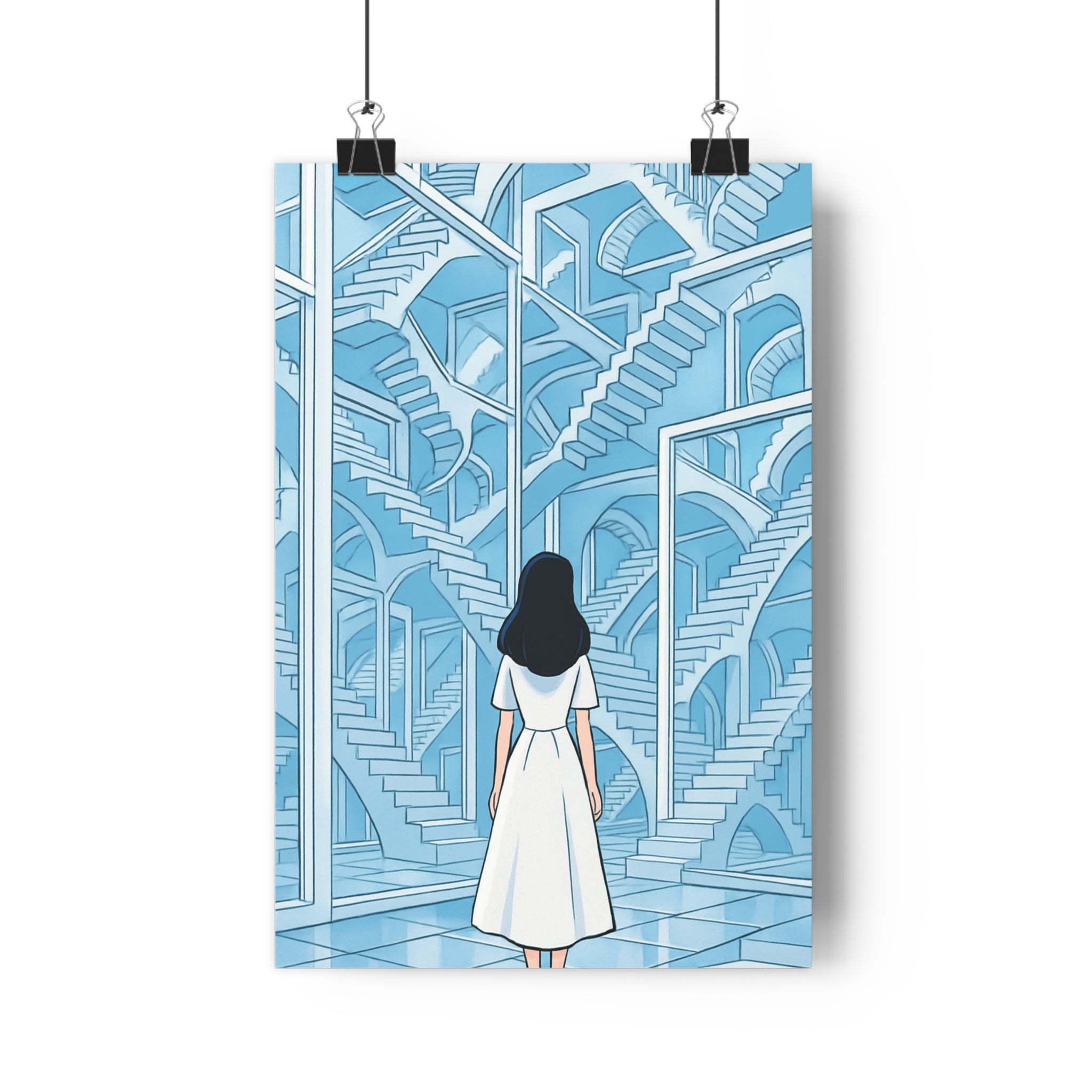 Poster décoratif dessin animé bleu blanc salon architectes illusion mystère rêve captivant femme élégance