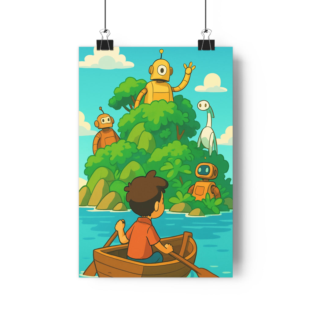 Poster décoratif enfant aventure illustration robot île verdoyante bleu orange nature rêveur chambre qualité