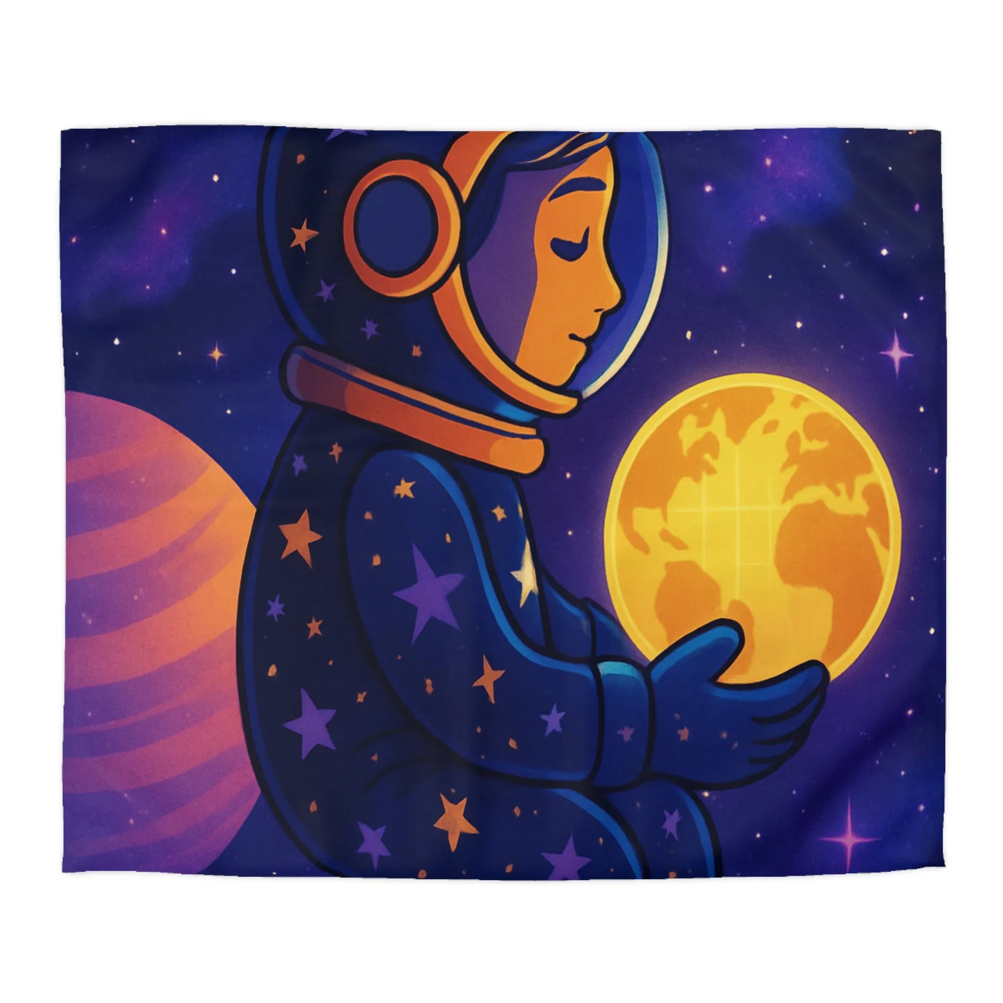 Housse de couette cosmos enfantine avec astronaute rêveur tenant une planète lumineuse