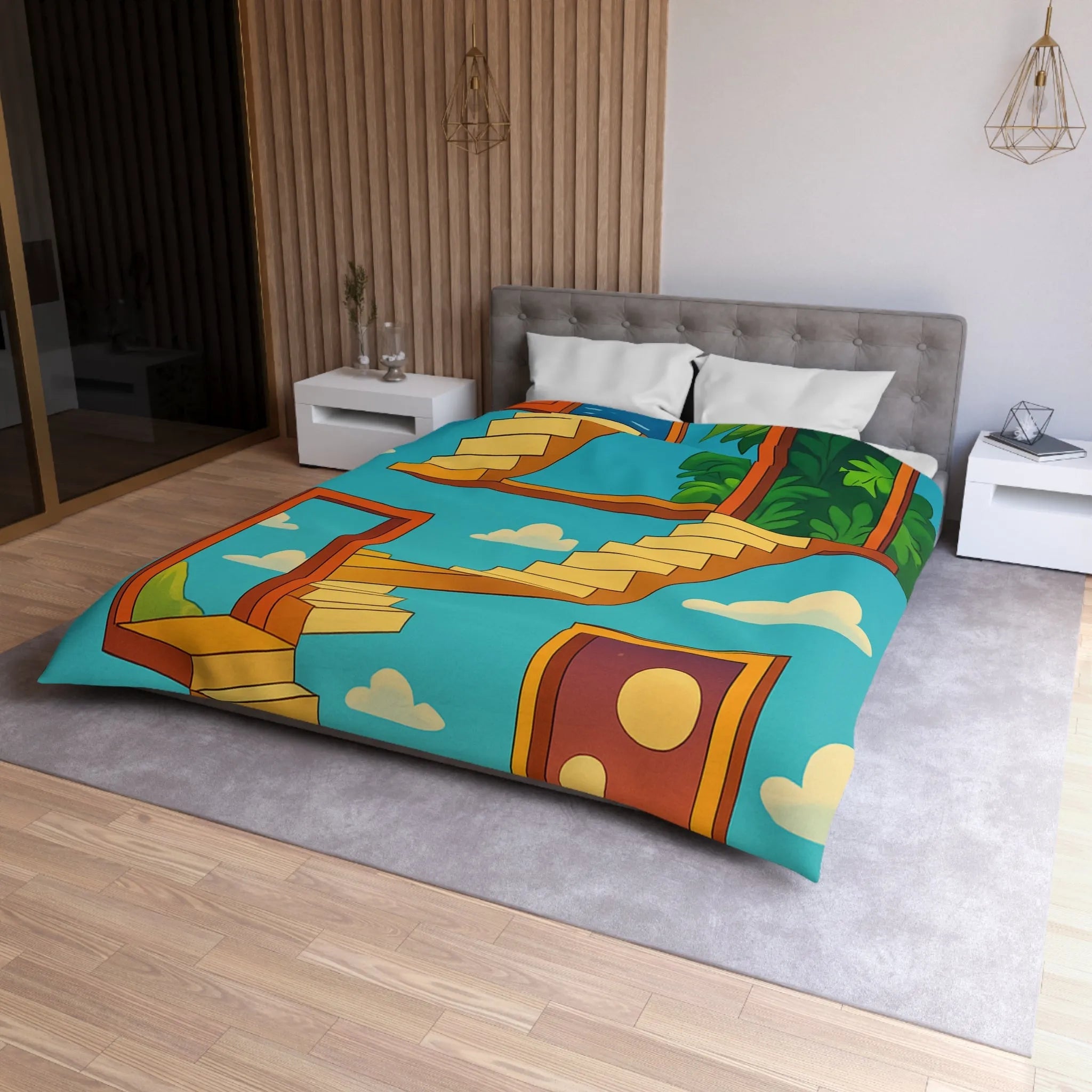 Housse de couette avec escaliers infinis et paysage surréaliste, ciel étoilé