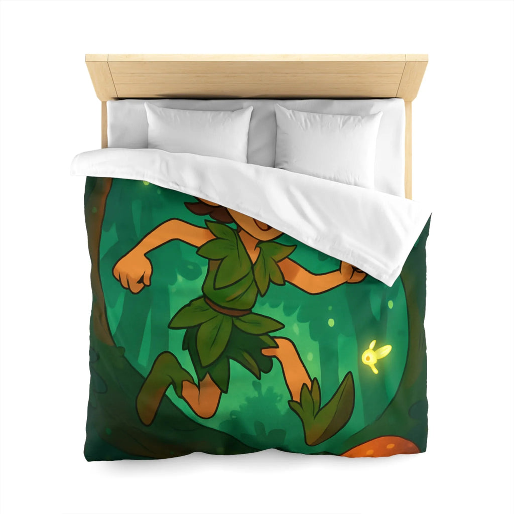 Housse de couette féérique avec elfes sautant parmi champignons lumineux en forêt