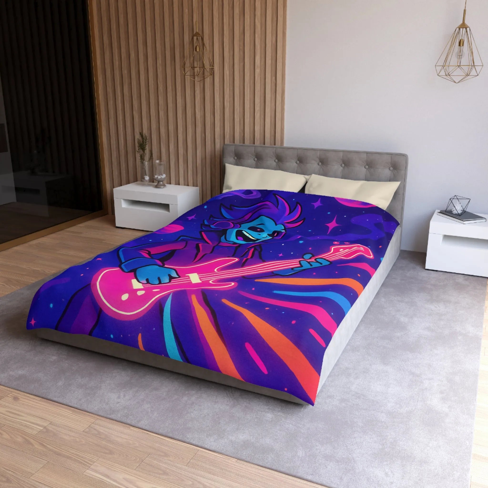 Housse de Couette Galactique avec Musicien Alien et Planètes Multicolores en Néon Vibrant