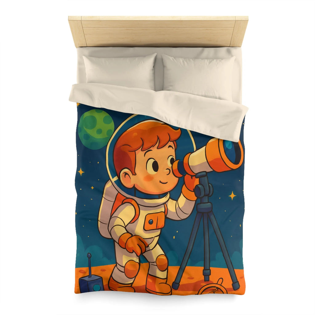 Housse couette enfant astronaute explorant planètes avec télescope carte étoilée