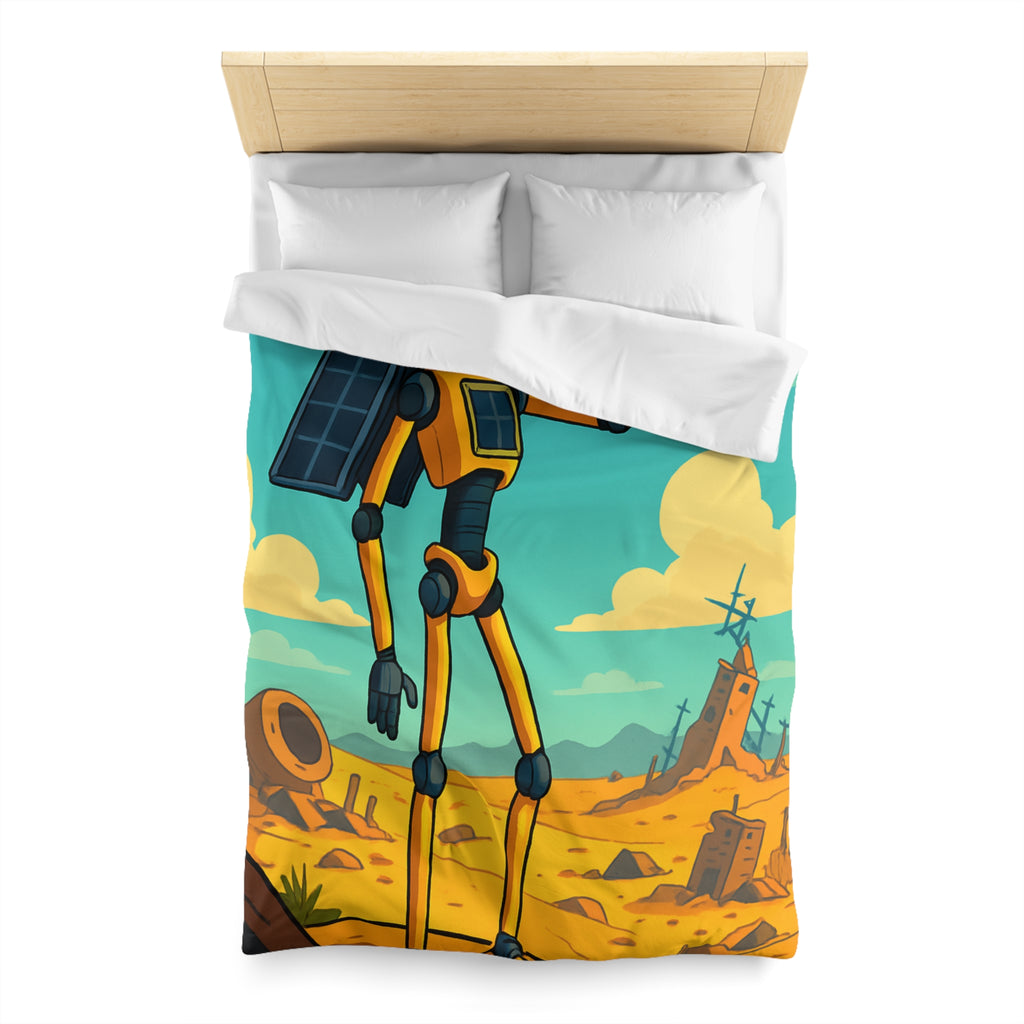 Housse de couette robot jaune explorateur dans désert post-apocalyptique avec oiseau
