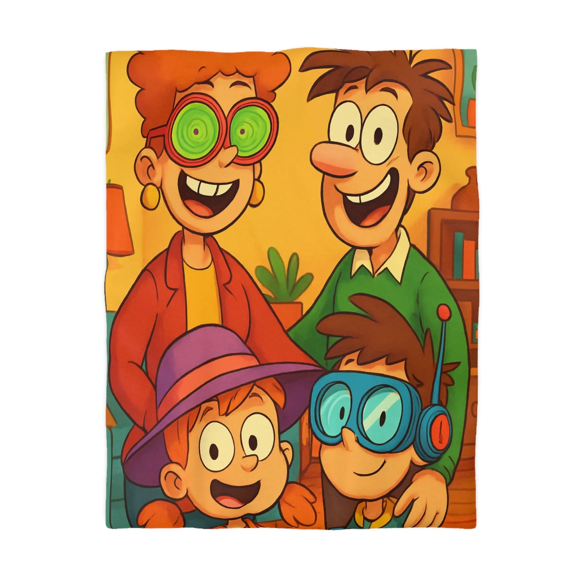 Housse de couette joyeuse avec une famille amusante et colorée, lunettes originales