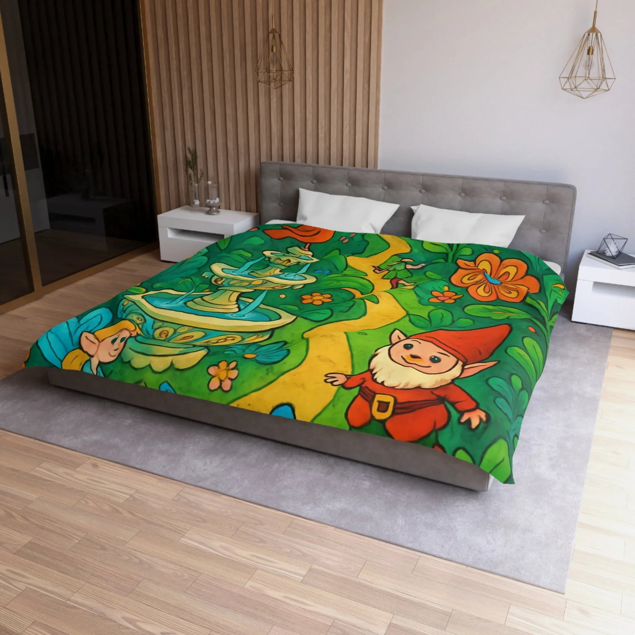 Housse de couette enfant avec lutins, fées, et papillons dans une forêt enchantée