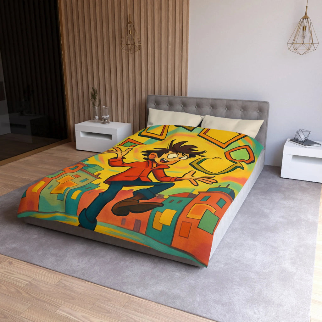 Housse de Couette Dynamique avec Illustration d'Énergie Vibrante et Cadres Géométriques Colorés