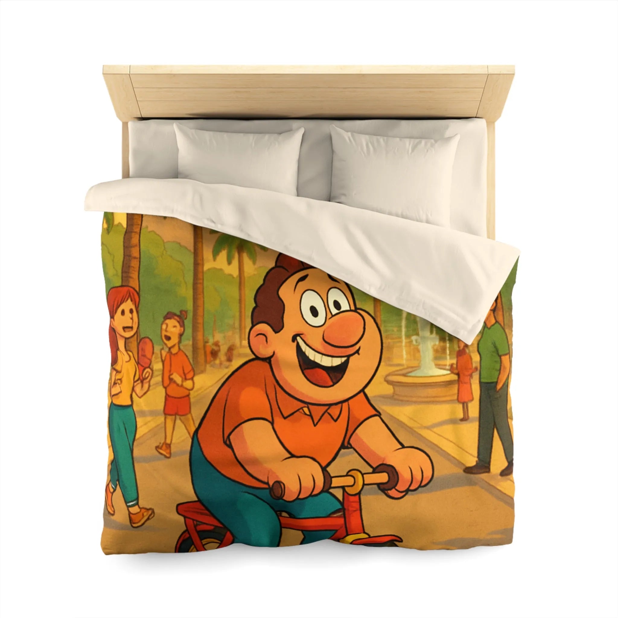 Housse de Couette Cartoon Joyeuse avec Cycliste dans un Parc Tropical et Fontaine