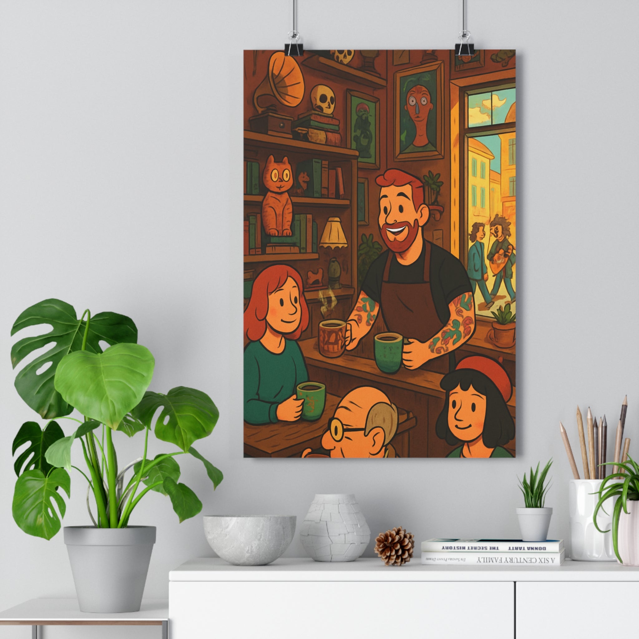 Poster décoratif vintage cartoon chaleureux salon café convivial art couleur terreux tendance éclectique qualité