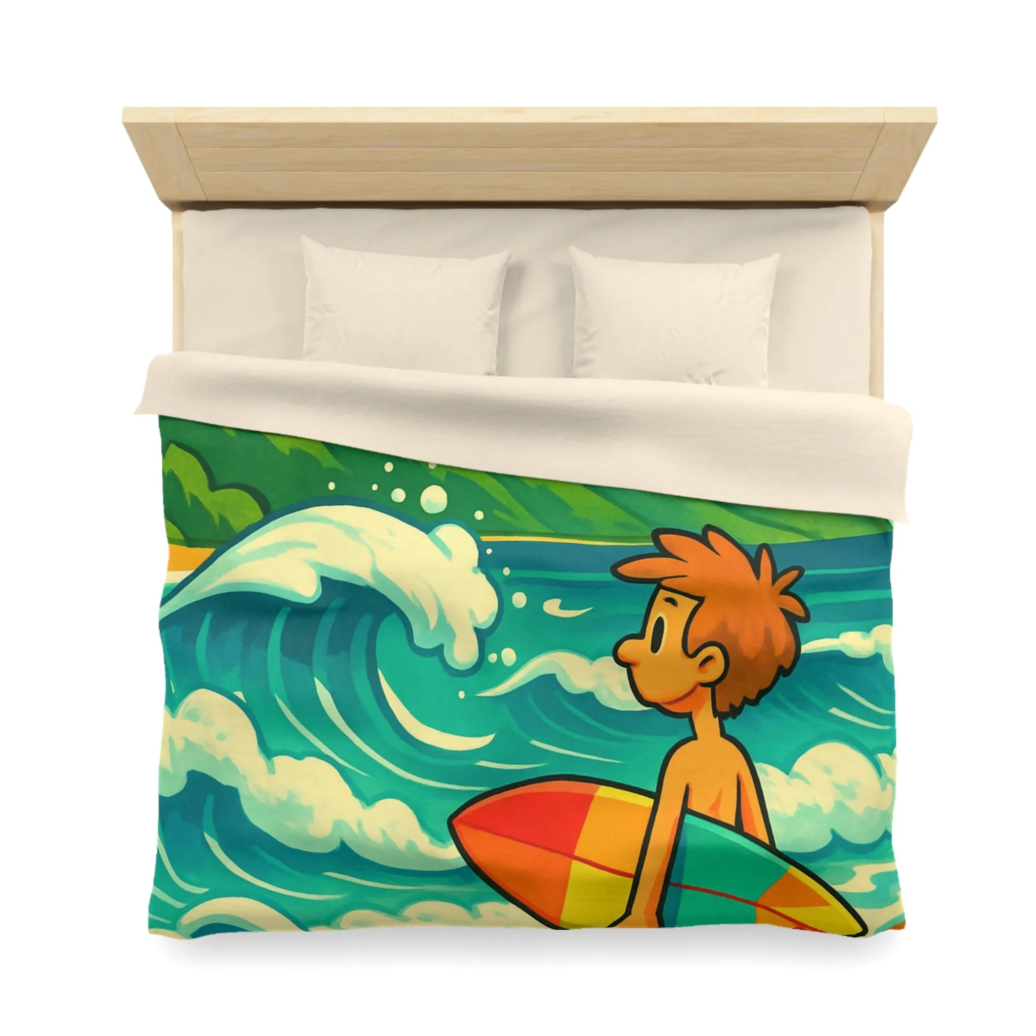 Housse de couette avec dessin coloré de plage pour enfants et surfeur