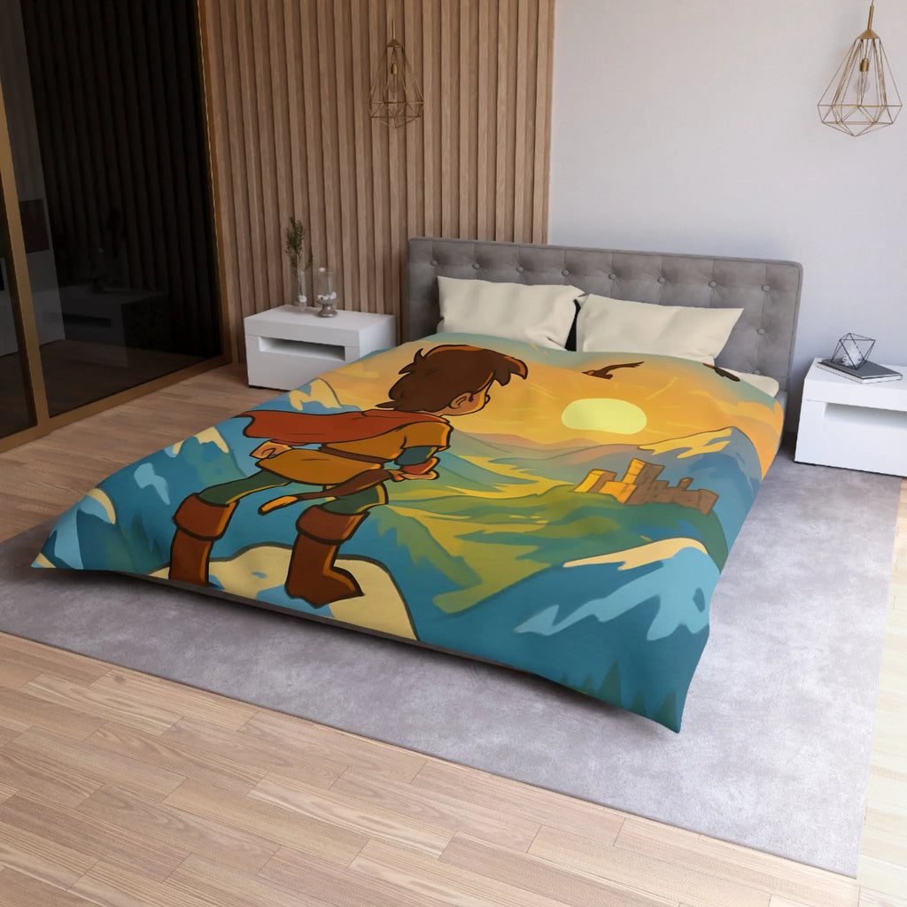 Housse de couette avec paysage montagneux, jeune aventurier et châteaux au coucher de soleil