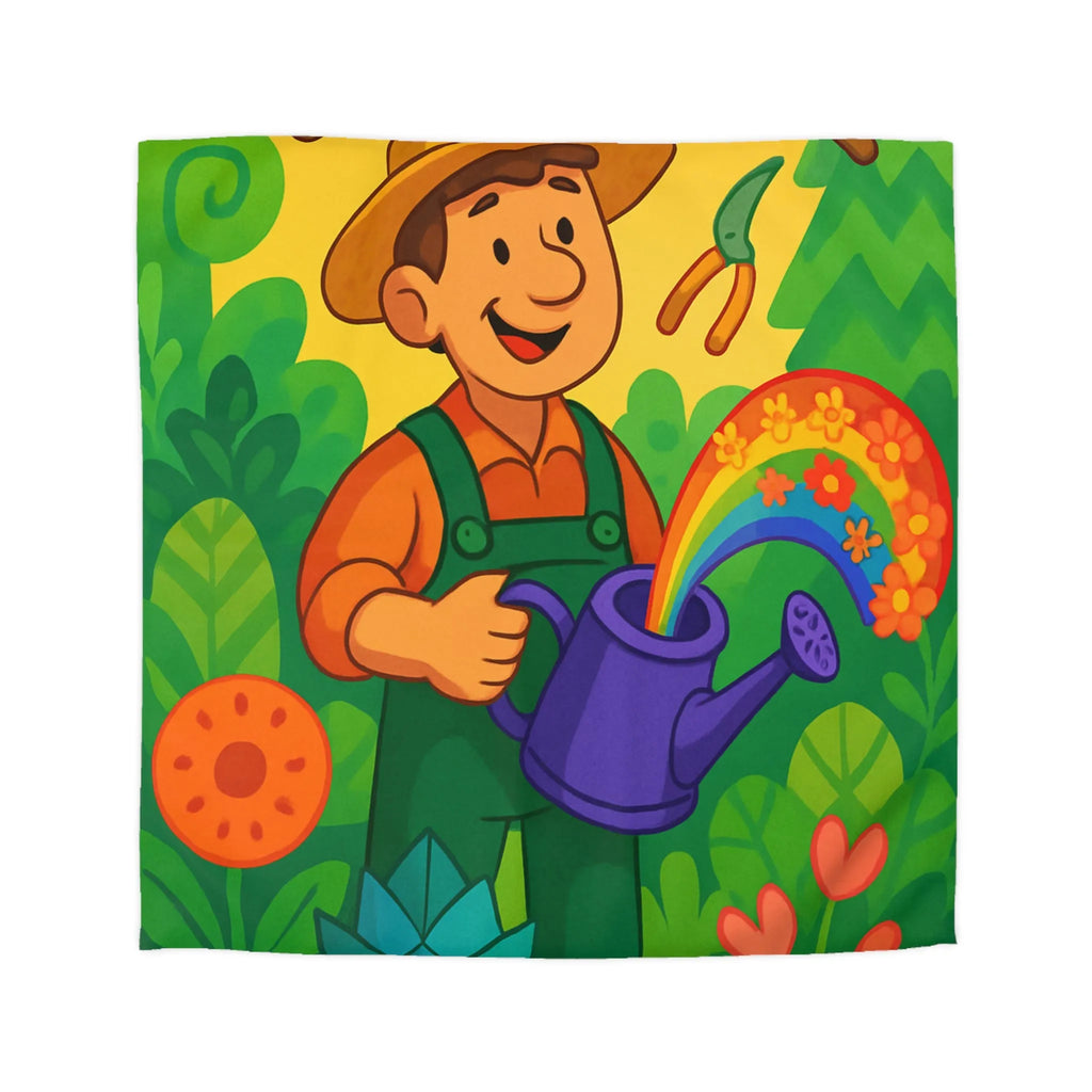 Housse de Couette Colorée avec Dessin Jardinier Arrosant des Fleurs et Arc-en-Ciel
