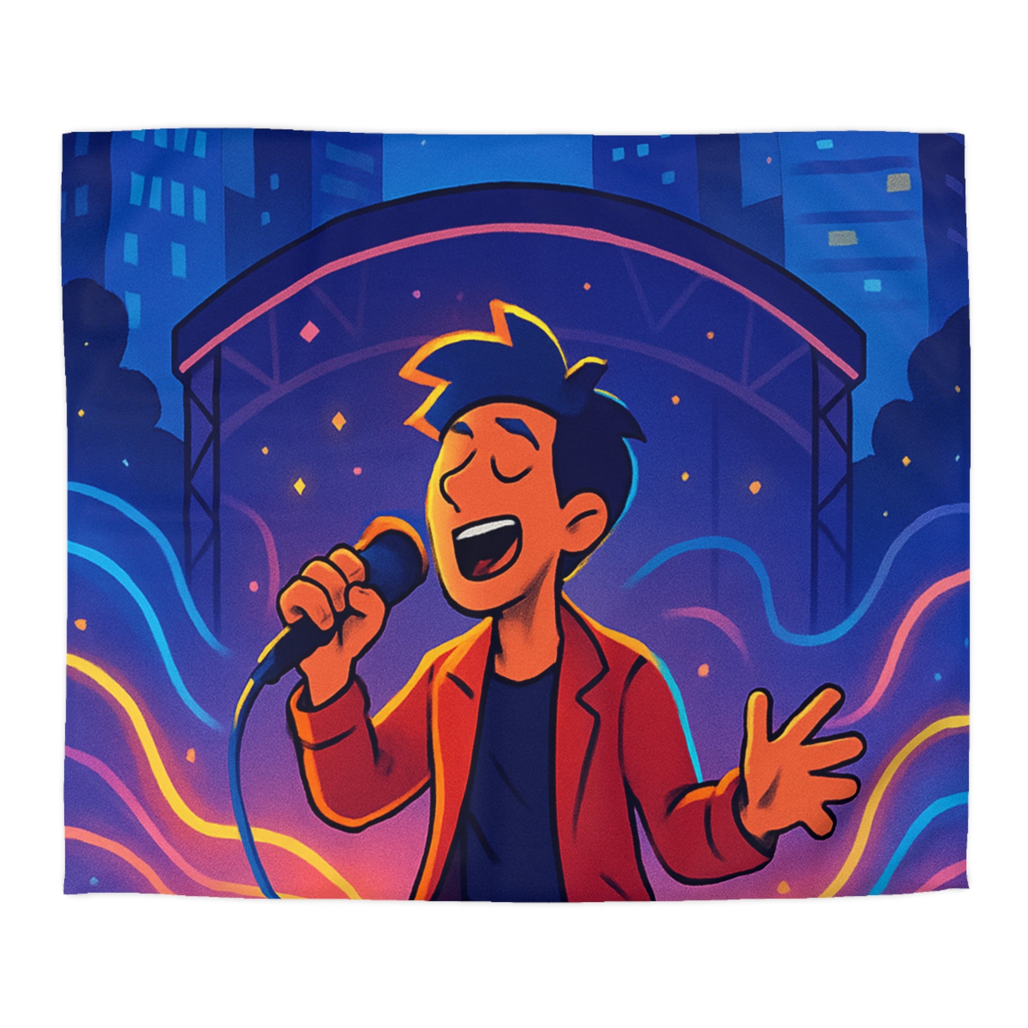 Housse de couette scène vibrante de concert nocturne avec chanteur et couleurs éclatantes