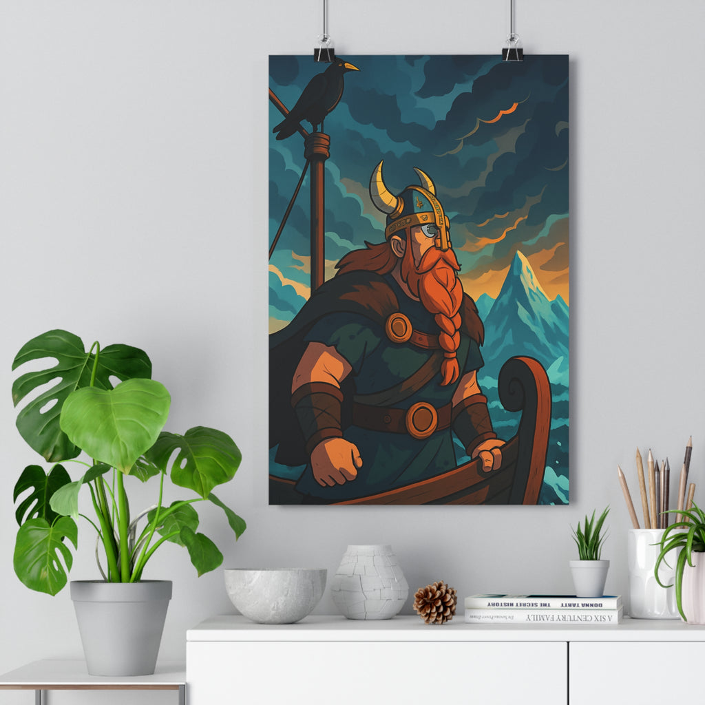 Poster décoratif guerrier nordique montagne épique aventure bleu orange salon chambre 30x46 ambiance unique