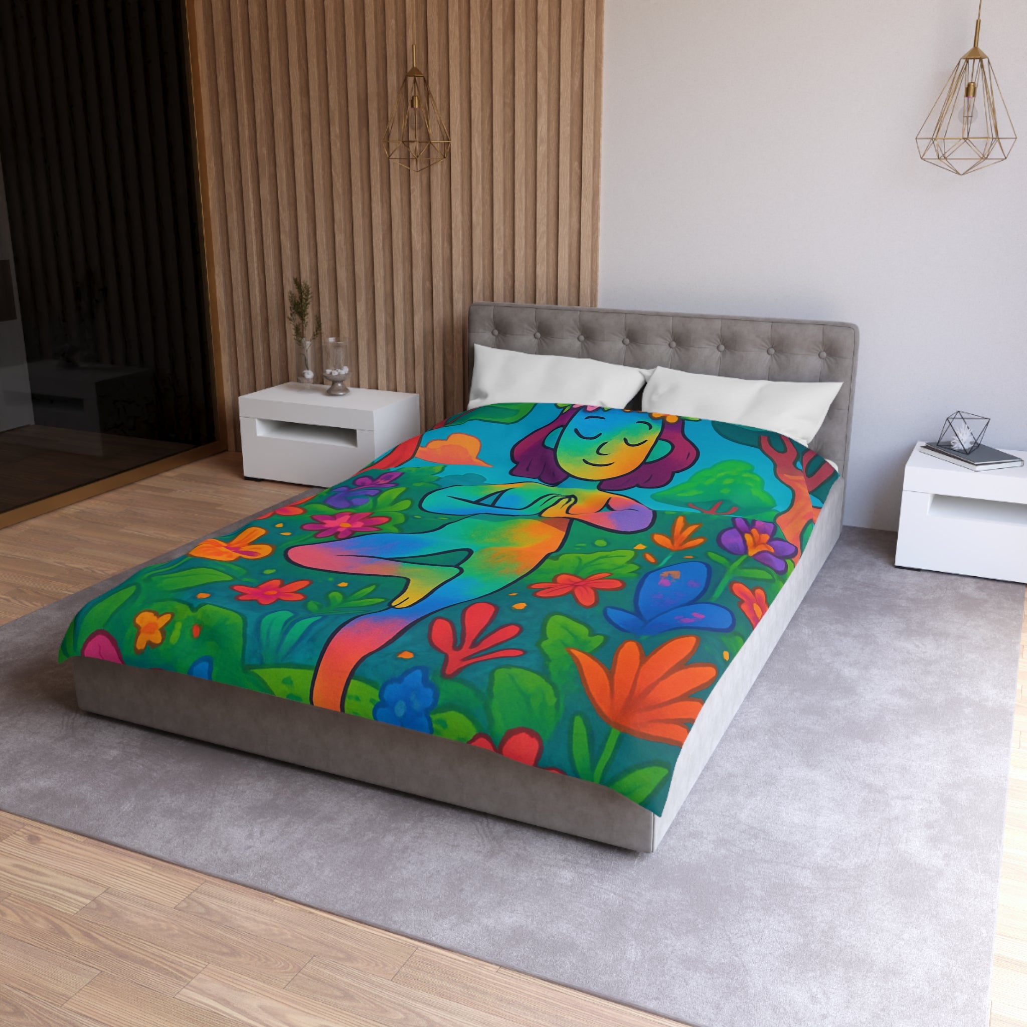 Housse de Couette avec Illustration Arc-en-Ciel d’une Personne Pratiquant le Yoga en Nature