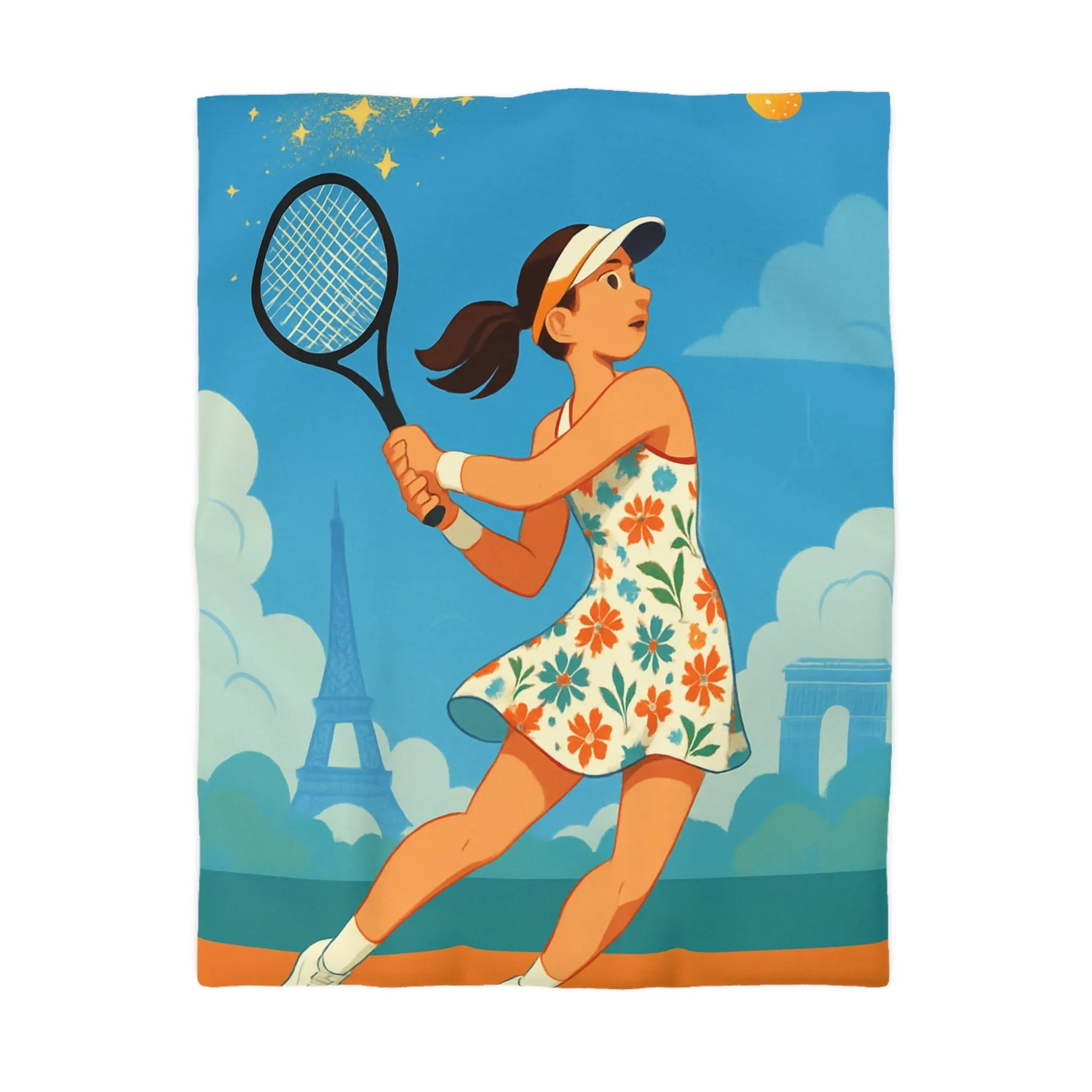 Éclatante Jouneuse de Tennis en Robe Florale avec Décor Parisien et Étoiles Magiques
