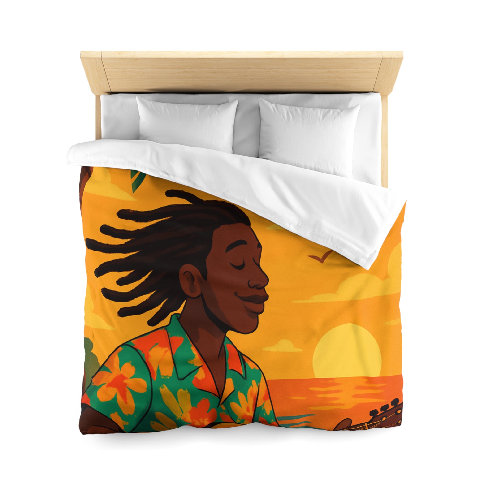 Housse de couette tropicale avec musique, coucher de soleil et palmiers exotiques pour chambre