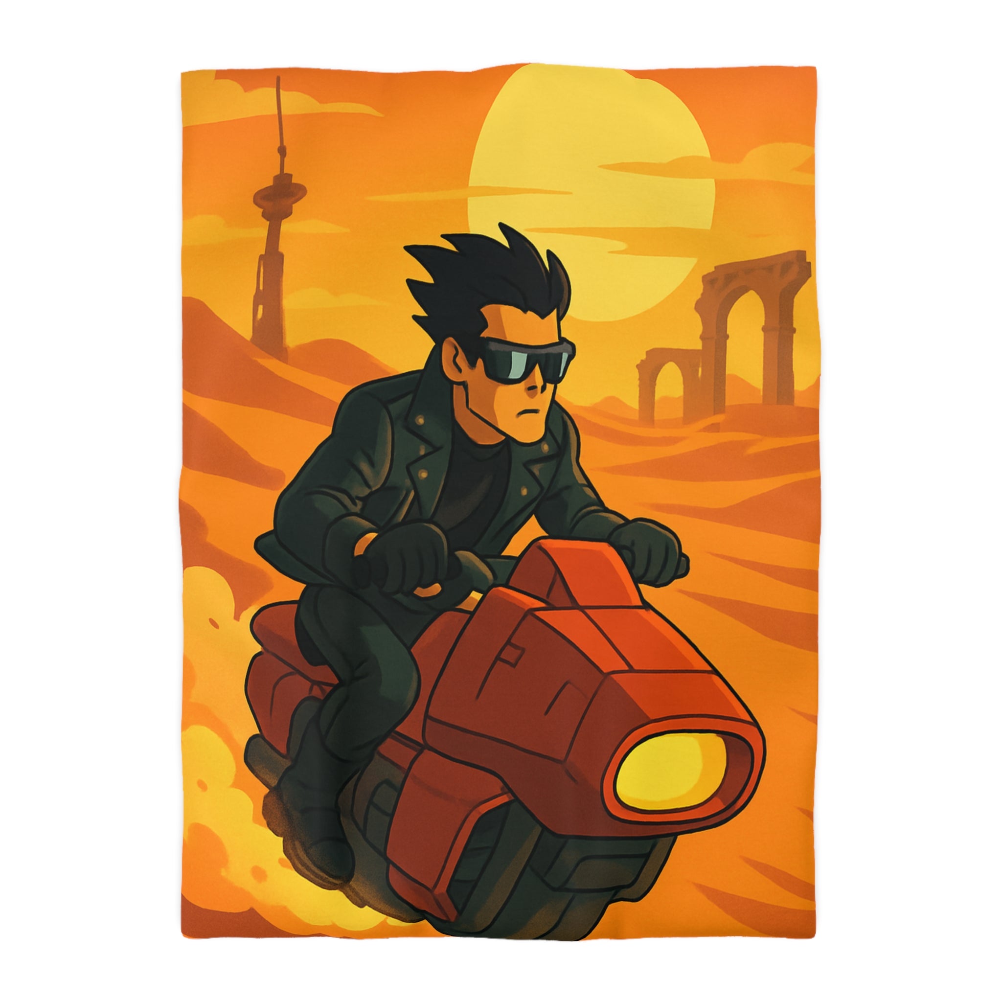 Housse de couette moto futuriste sur désert orangé avec soleil couchant et ruines