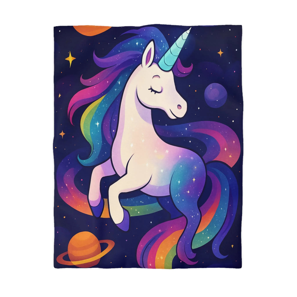 Housse de couette féerique avec licorne et planètes dans un ciel étoilé vibrant