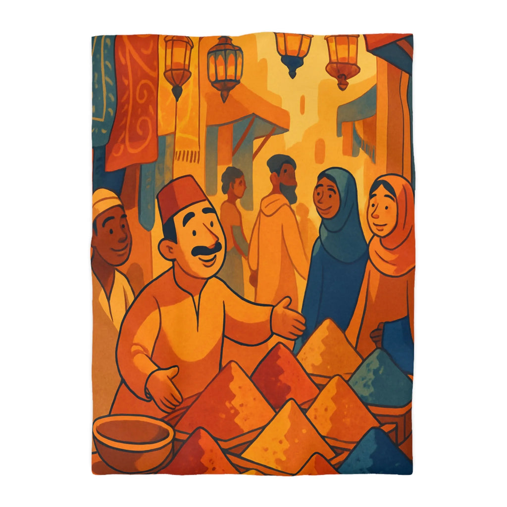 Housse de couette avec scène de marché colorée inspirée de l'art oriental chaleureux