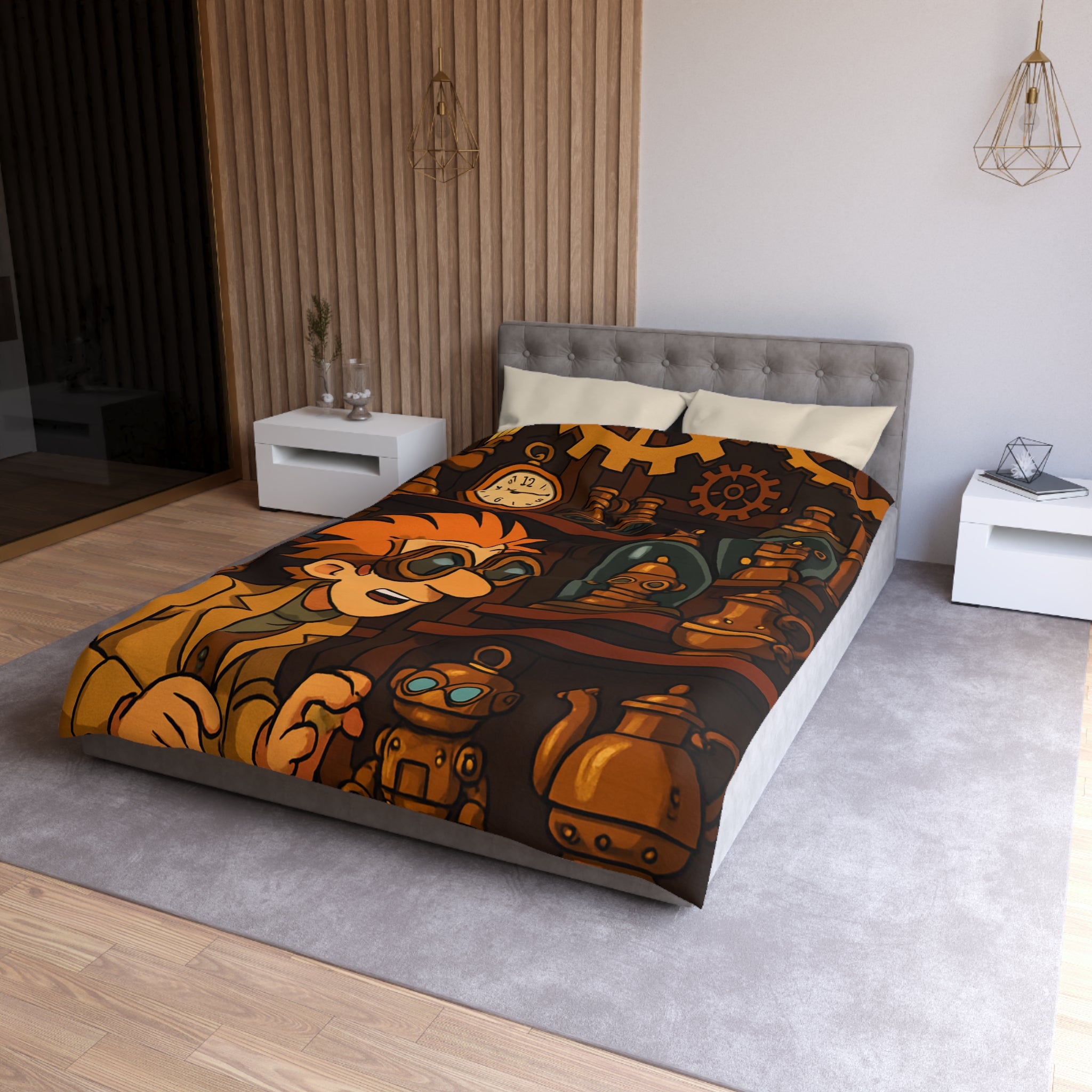 Housse de couette steampunk avec engrenages dorés et inventeur aux lunettes futuristes