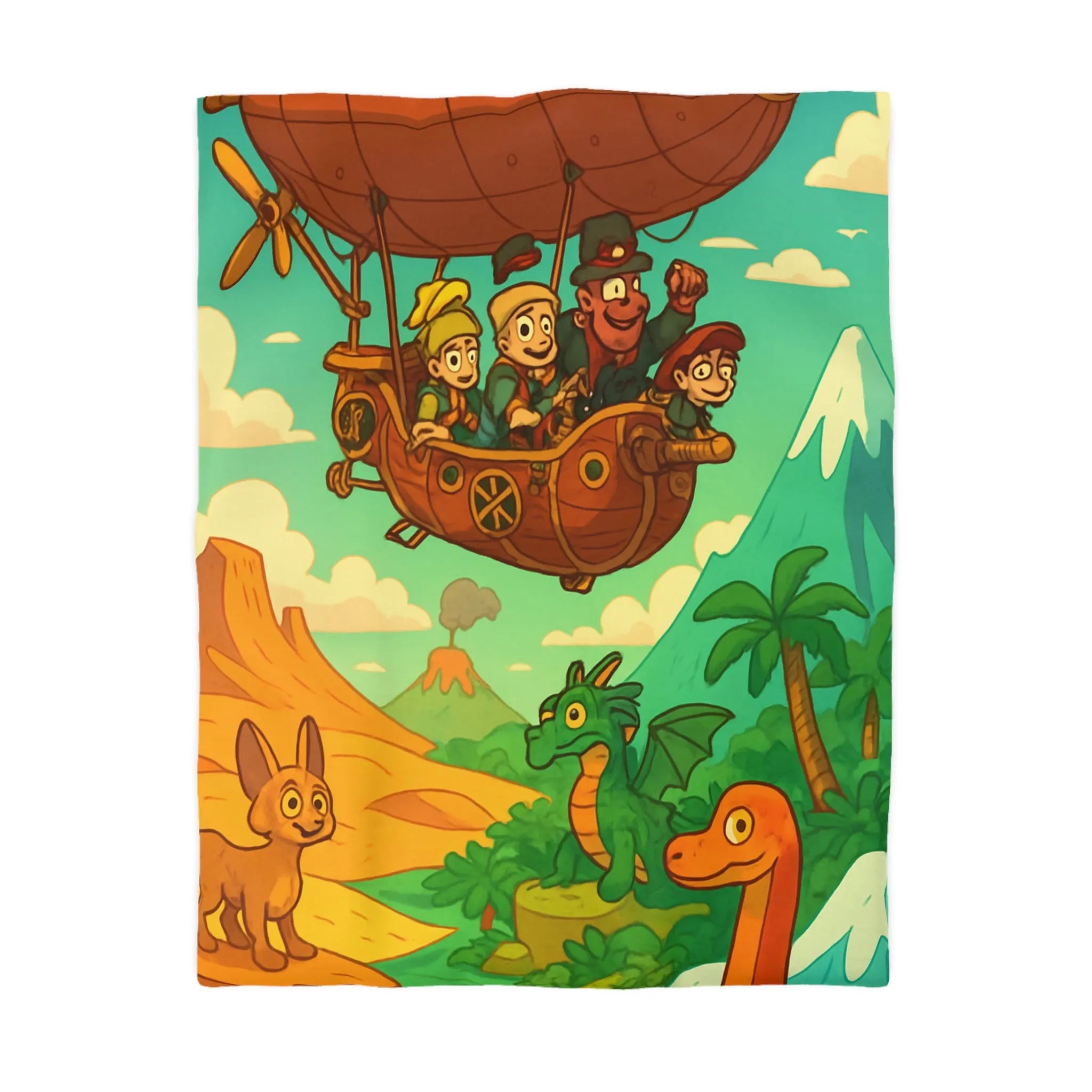 Adorable Housse de Couette Aventure Ballon Dirigeable avec Dinosaure et Paysage Montagnard