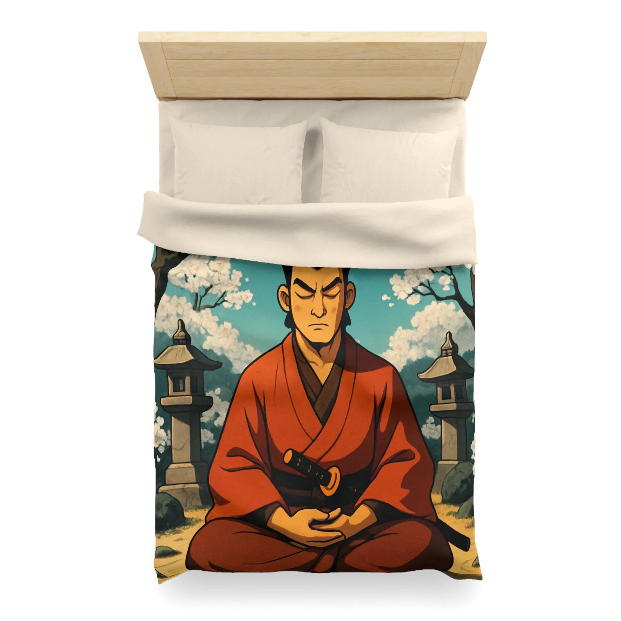 Housse de couette avec design de méditation sereine sous cerisiers en fleurs