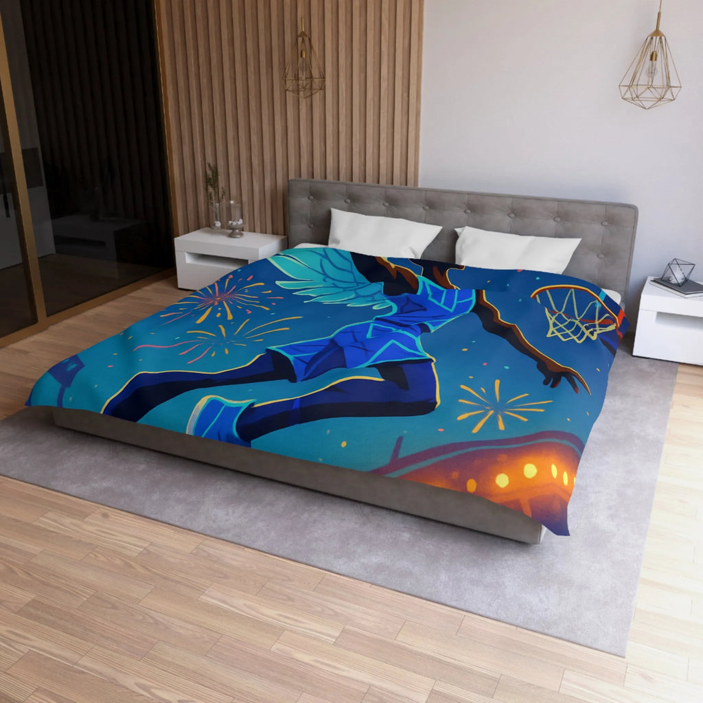 Housse de couette avec joueur de basket volant sous un ciel étoilé lumineux