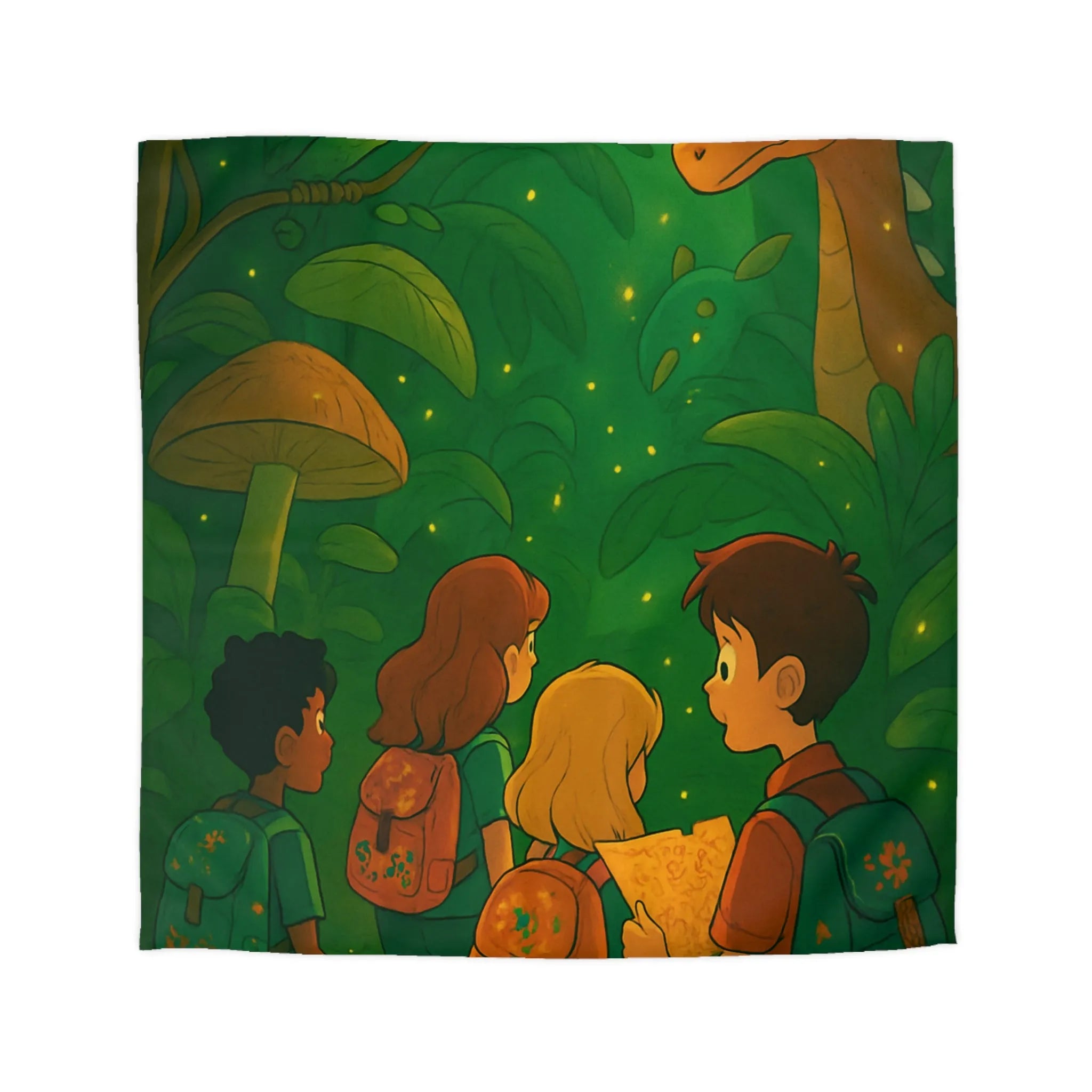 Housse de Couette Jungle Enfantine avec Créatures Magiques et Explorateurs Aventureux