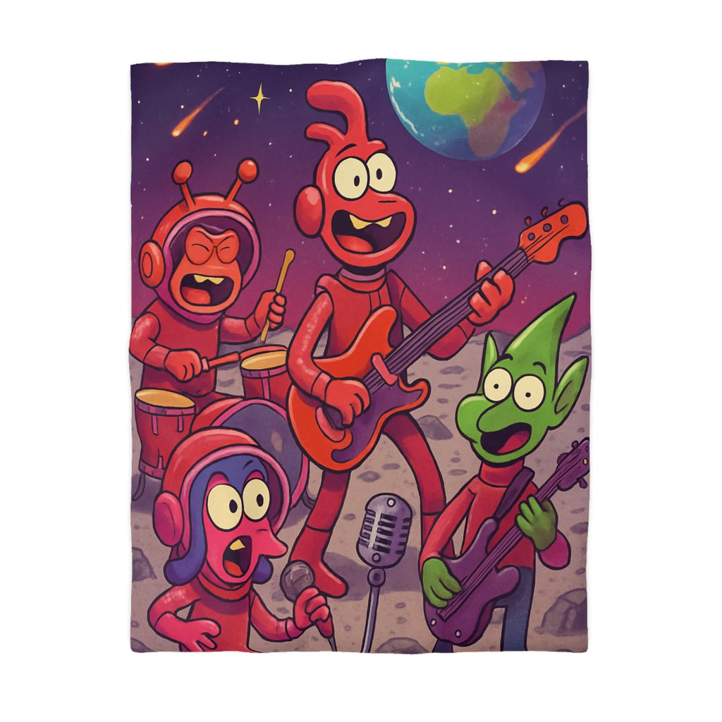 Housse de Couette Éclectique avec Aliens Musiciens sous Ciel Étoilé pour Chambre Unique