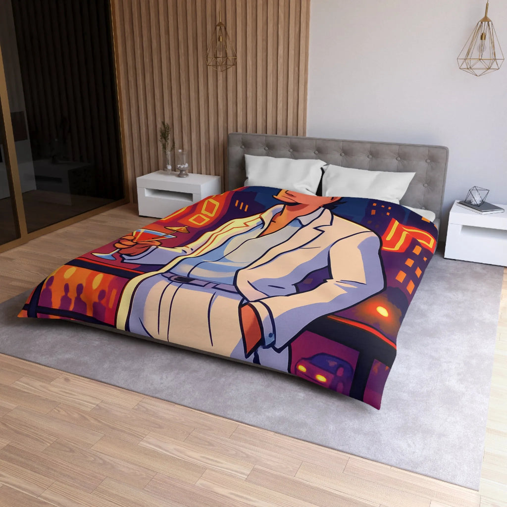 Housse de Couette Élégante avec Illustration Nocturne, Martini et Élégant Costume Blanc