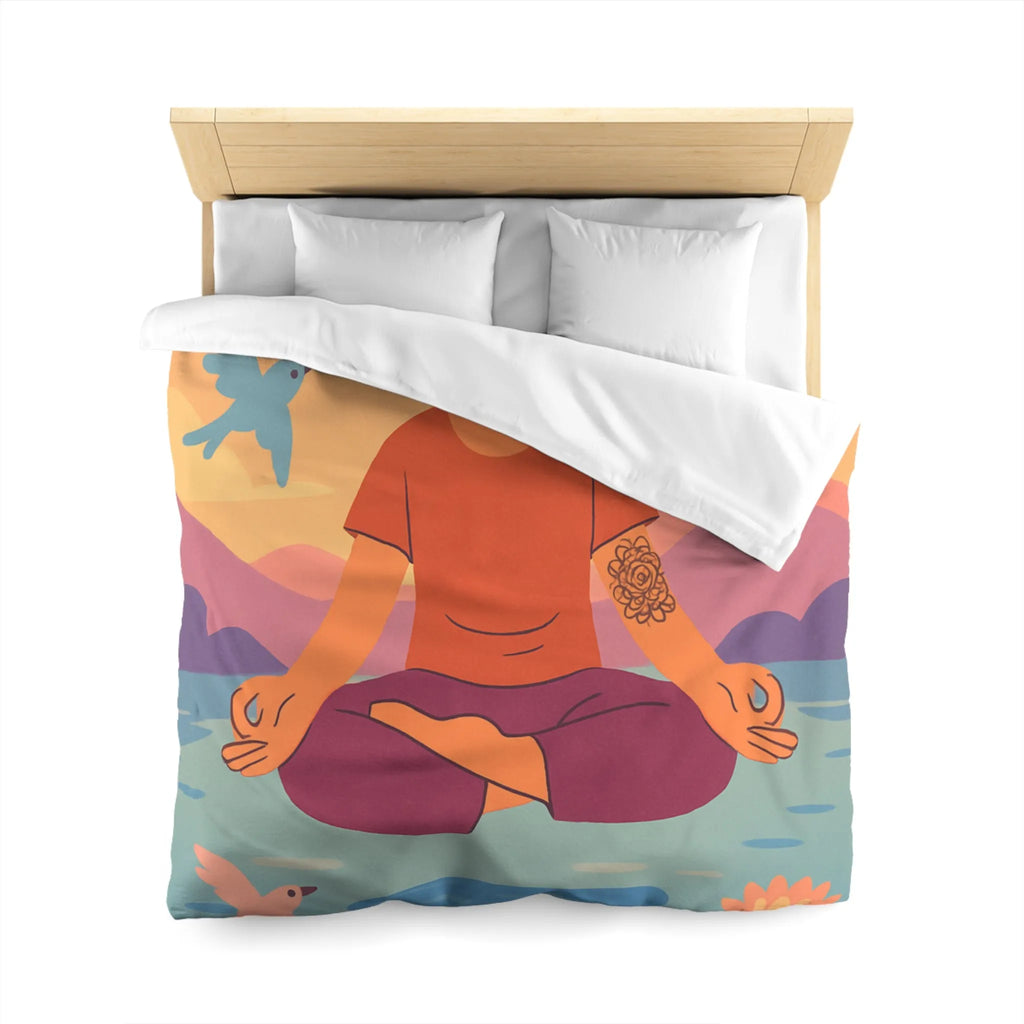 Housse de couette méditative avec motifs paisibles de nature et oiseaux colorés