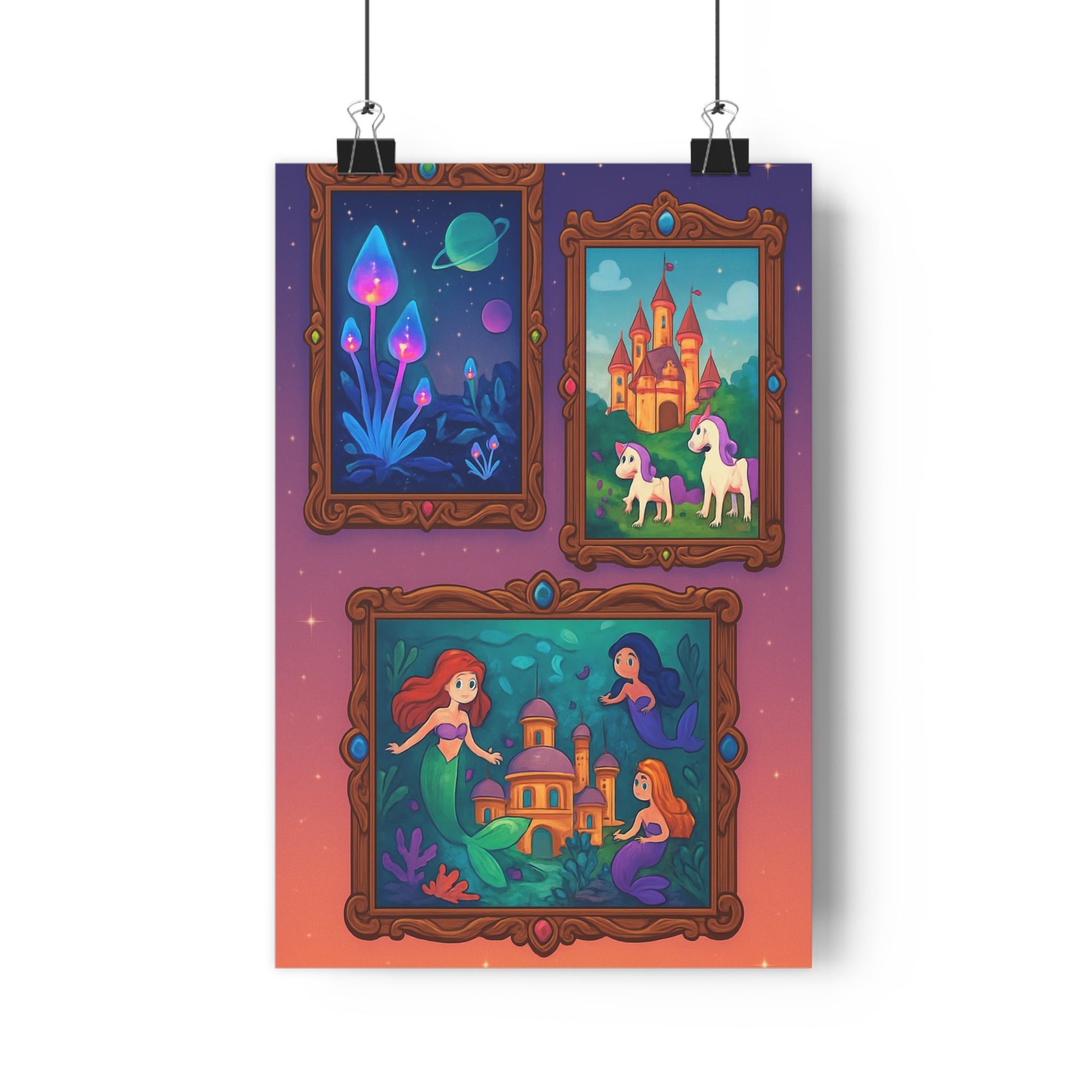 Poster décoratif fantaisie magique bleu violet vert mystique féérique chambre salon enfant enchanteur lumineux