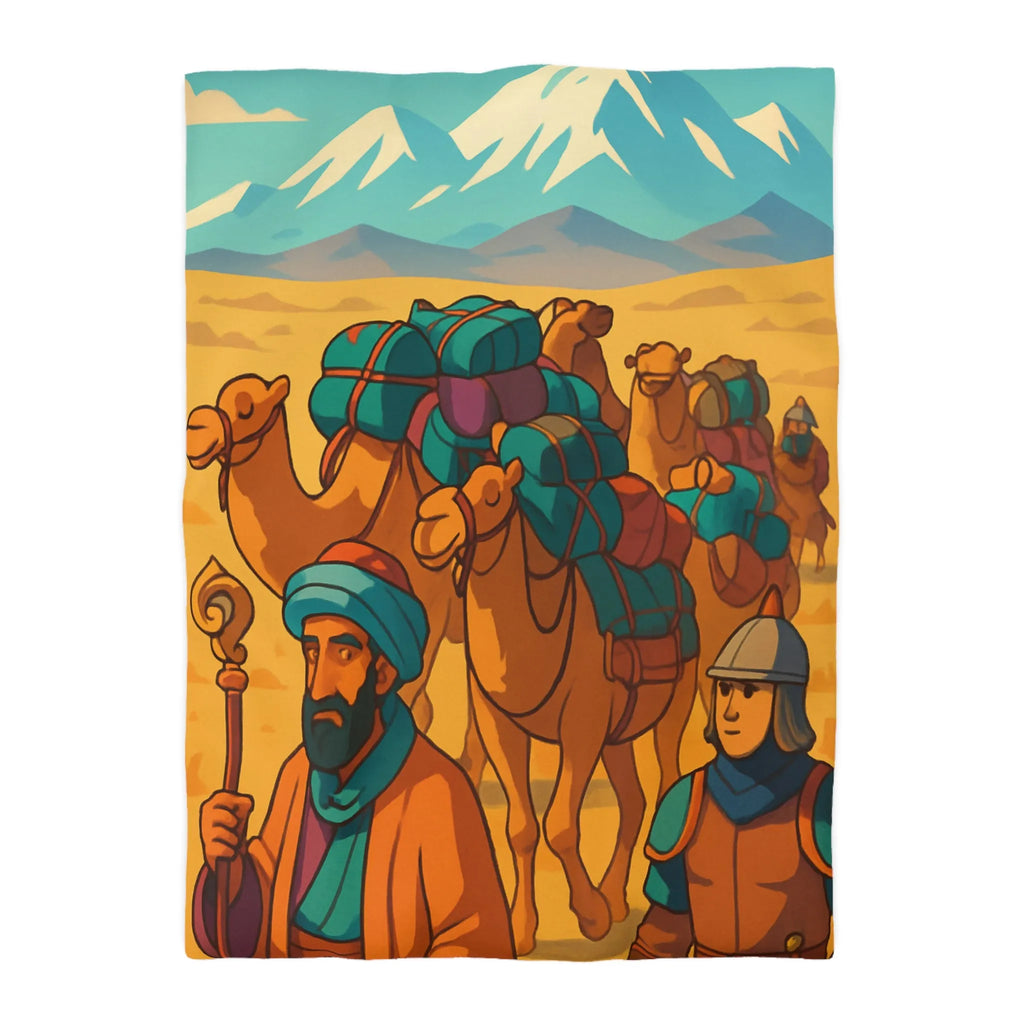 Housse de couette avec caravane de chameaux traversant un désert montagneux en arrière-plan