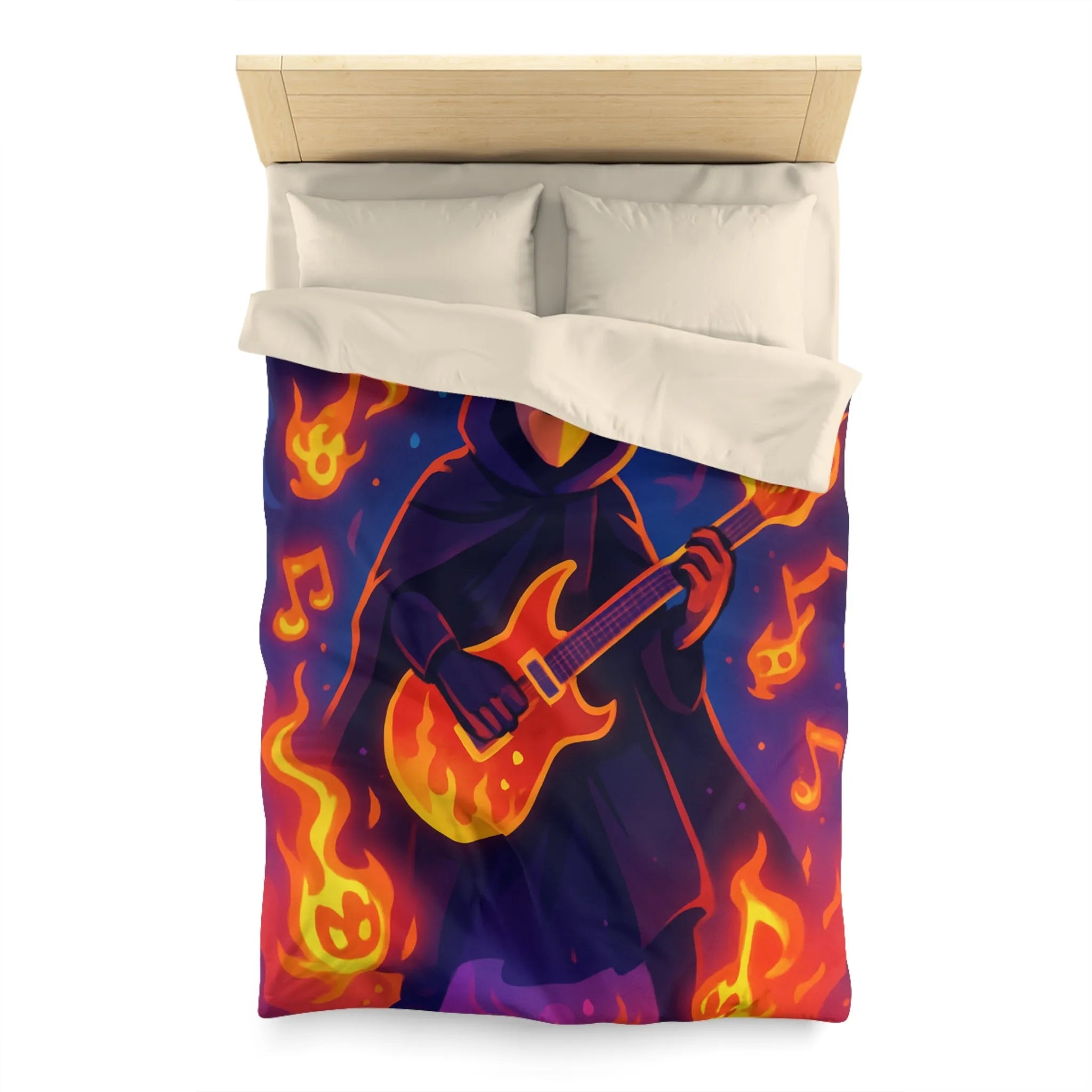 Housse de Couette Envoûtante avec Musicien Mystérieux Jouant de la Guitare en Flammes