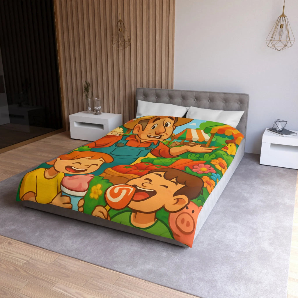 Housse de couette avec illustration joyeuse de ferme pour chambre d'enfant colorée et vivante