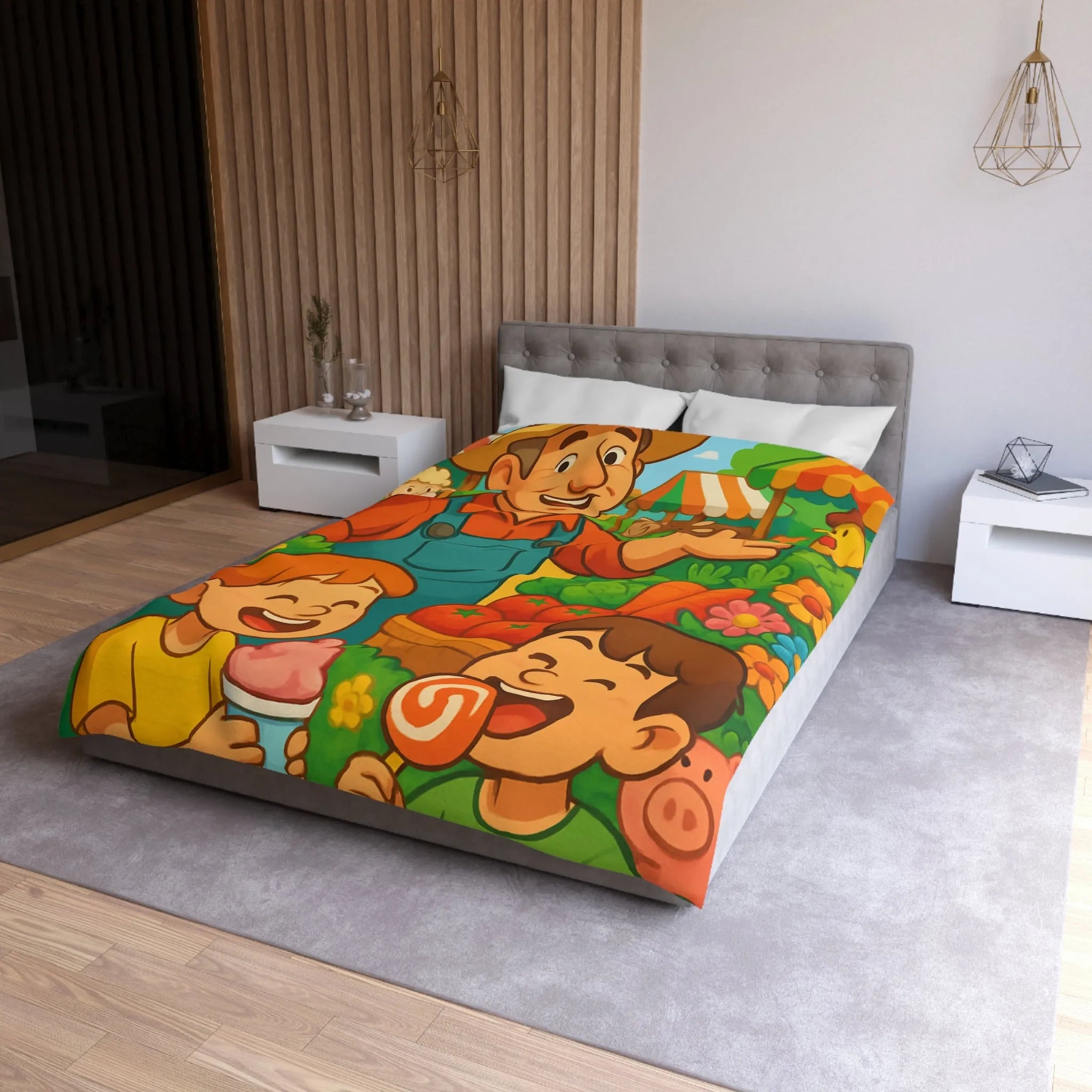 Housse de couette avec illustration joyeuse de ferme pour chambre d'enfant colorée et vivante