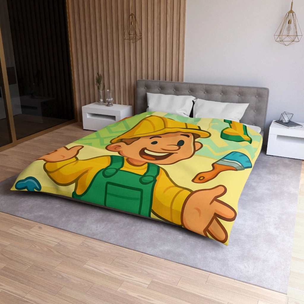 Housse de couette joyeuse pour enfants avec outils de bricolage et personnage souriant
