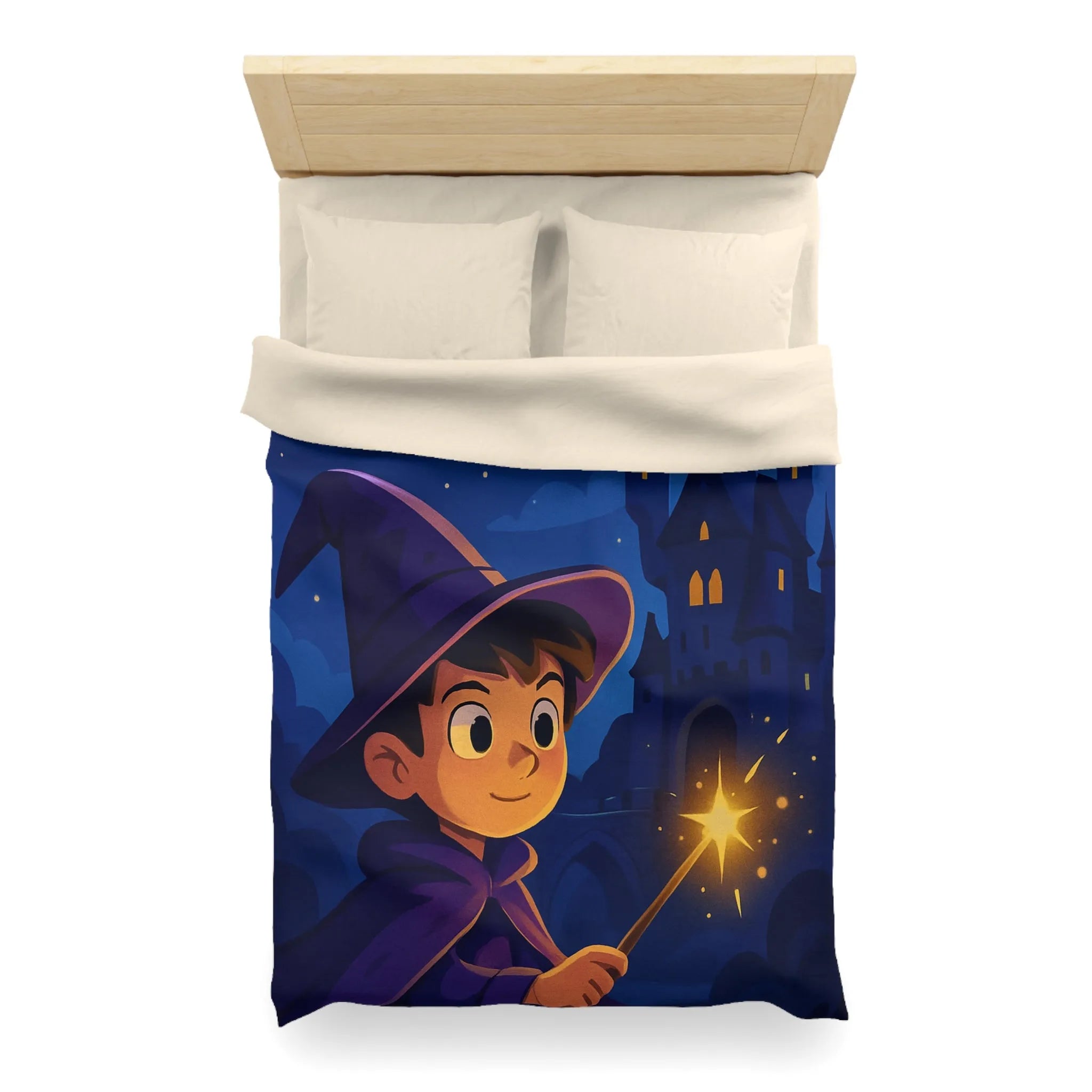 Housse de couette magique pour enfant avec jeune sorcier et château enchanté