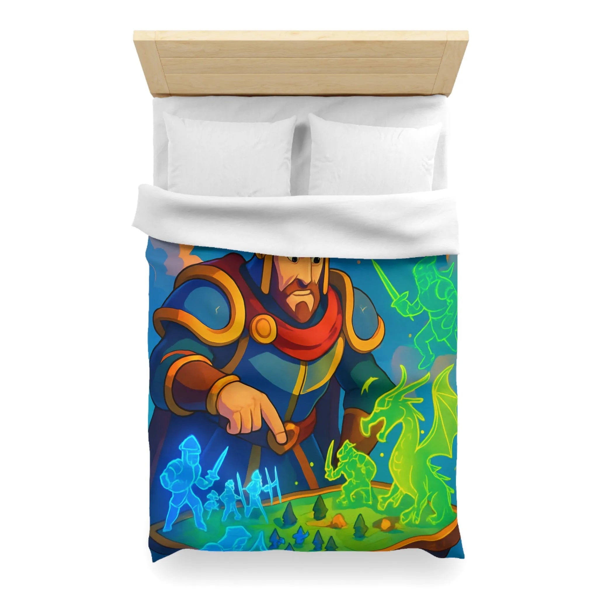 Housse de couette épique guerriers médiévaux et dragon sur plateau de jeu fantastique