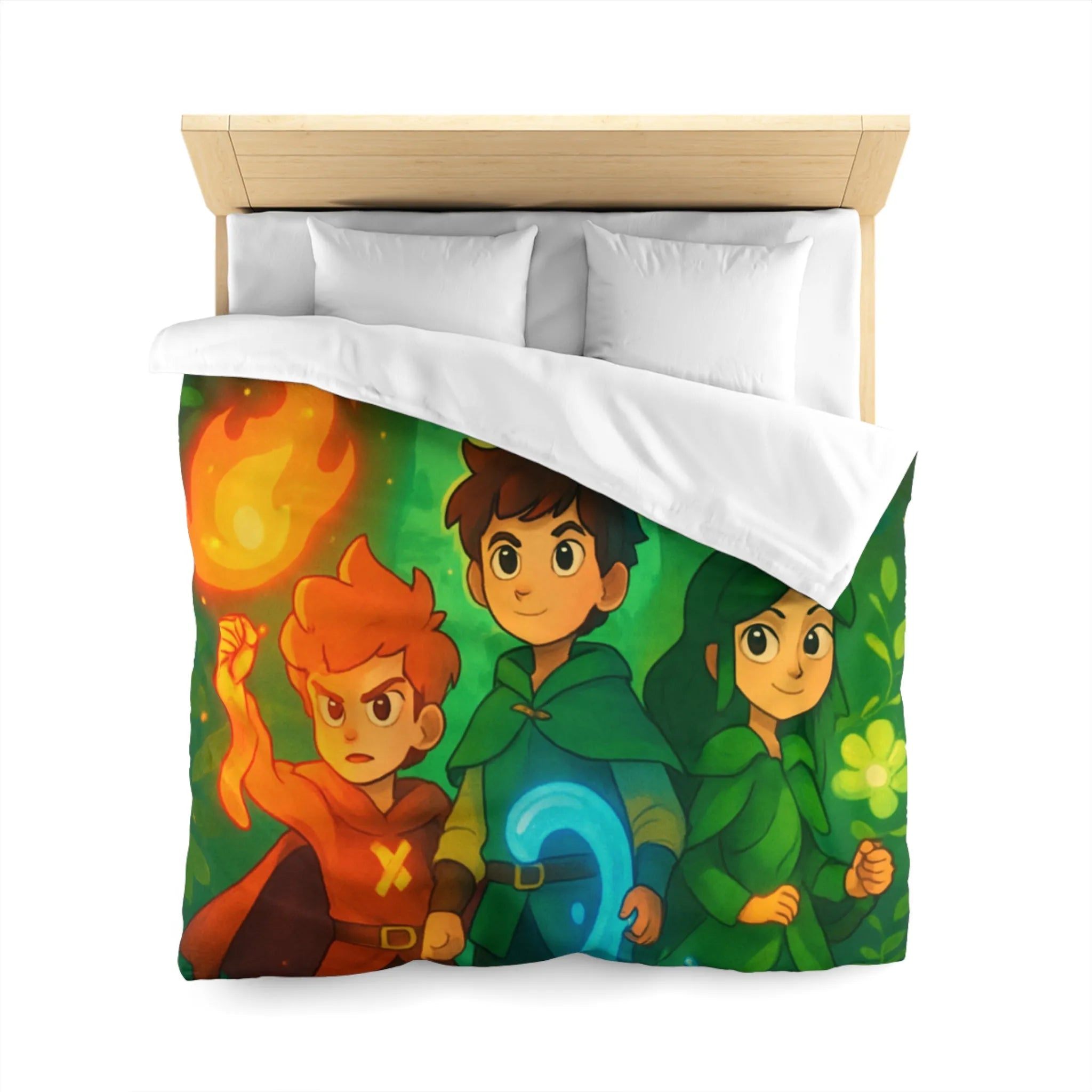 Housse de couette enchantée avec personnages magiques dans une forêt lumineuse et colorée