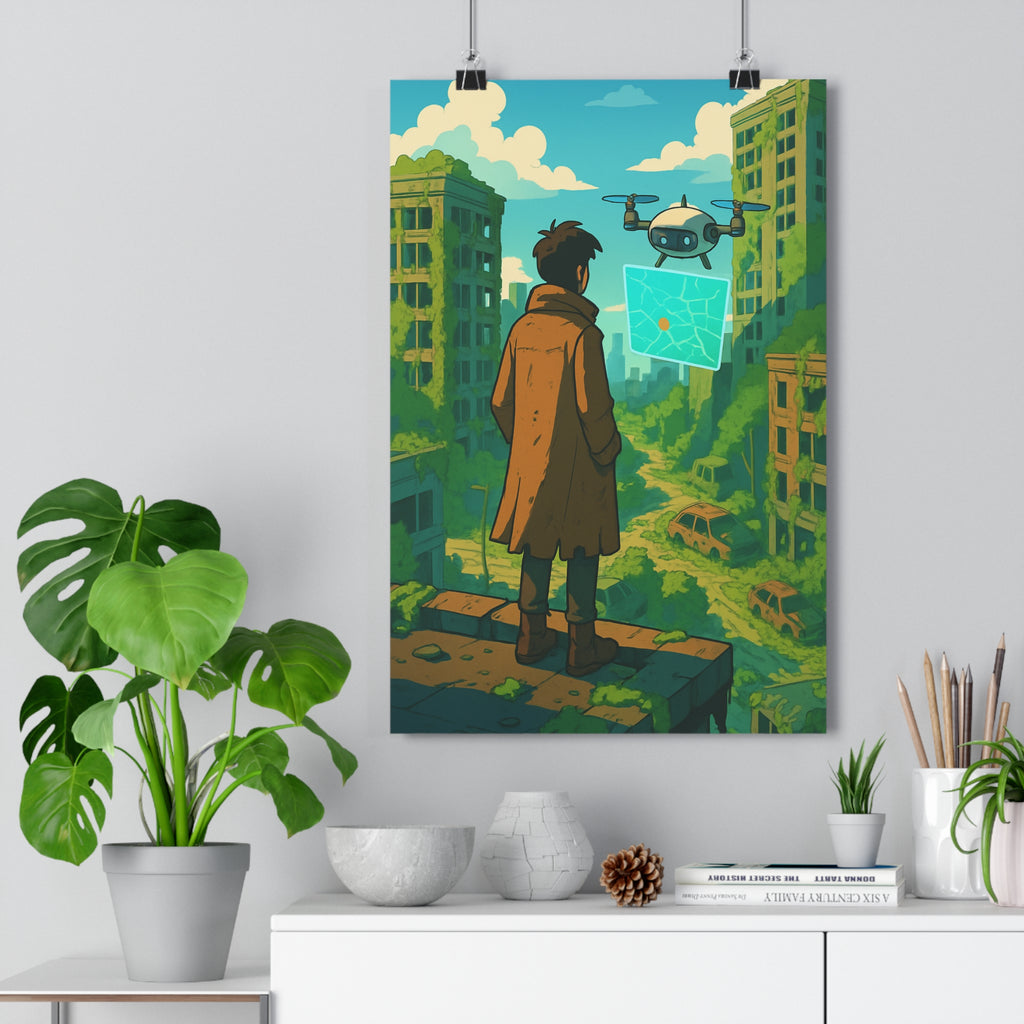 Poster décoratif aventure postapocalyptique personnage drone ville ruines végétation cartoon couleurs vives bureau chambre