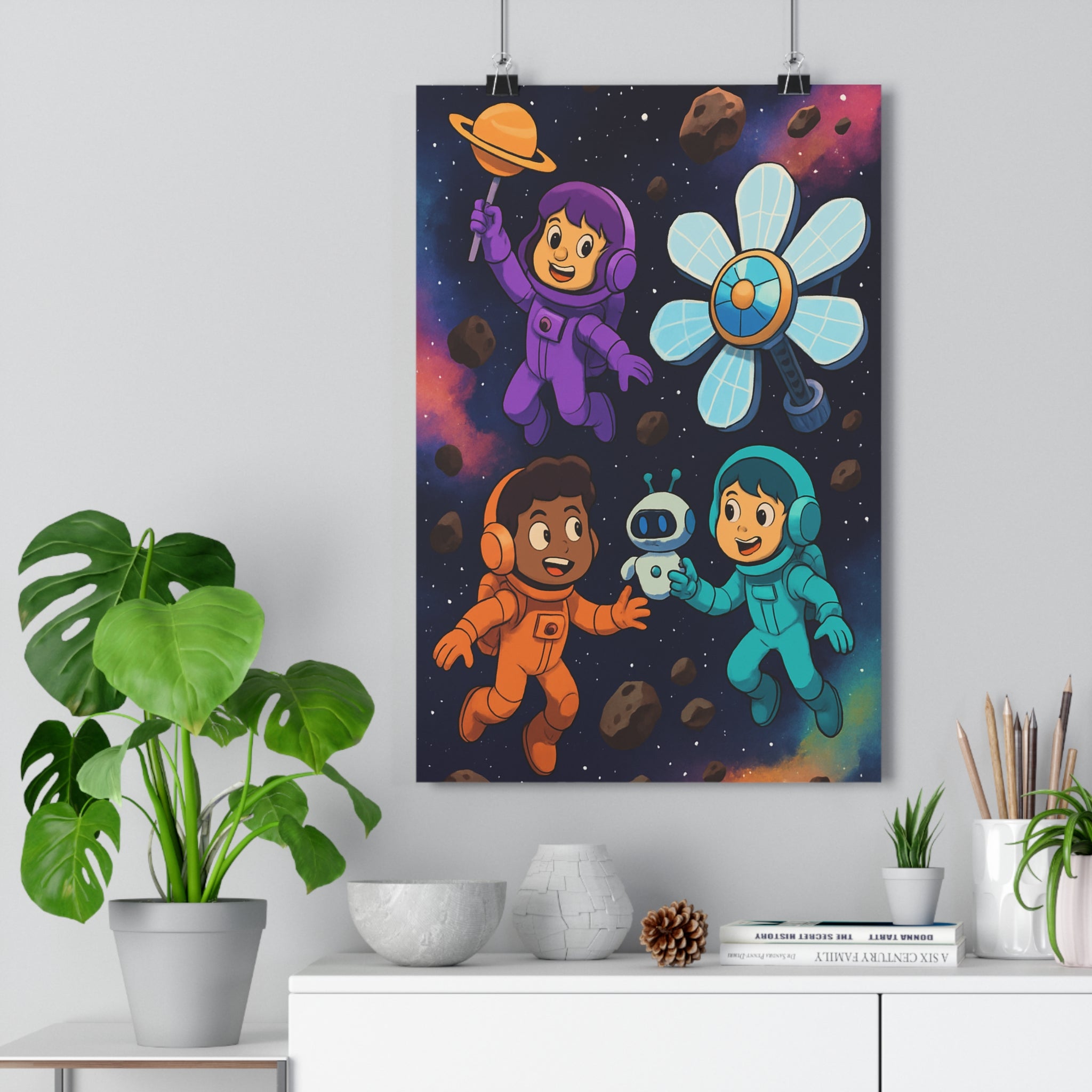 Poster décoratif espace violet orange bleu cartoon joyeux enfant aventure moderne chambre bureau unique