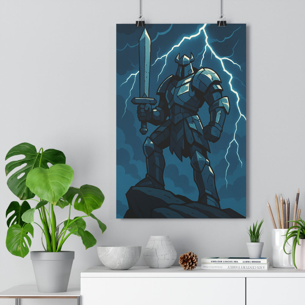 Poster décoratif chevalier épique fantaisie mystique bleu gris bureau chambre ambiance dramatique unique élégant