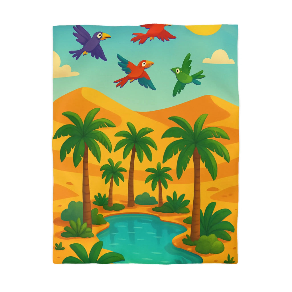 Housse de couette exotique avec palmiers, oiseaux colorés et oasis dans le désert