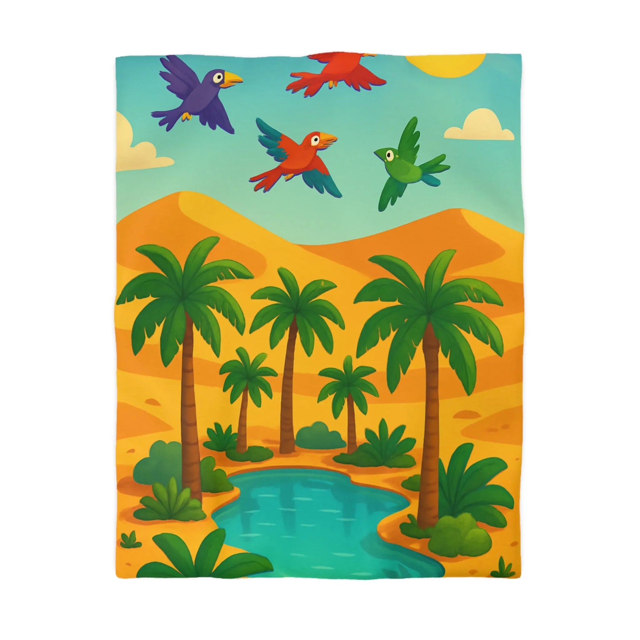 Housse de couette exotique avec palmiers, oiseaux colorés et oasis dans le désert