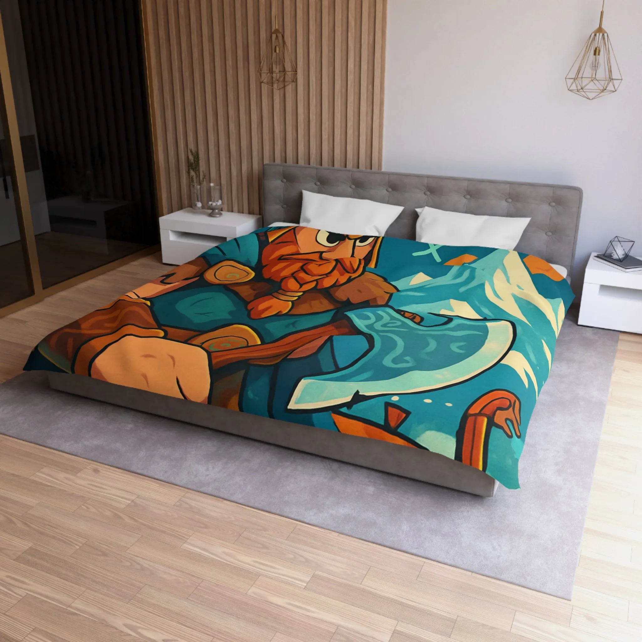 Housse de couette avec Viking, hache nordique, montagnes enneigées et runes anciennes